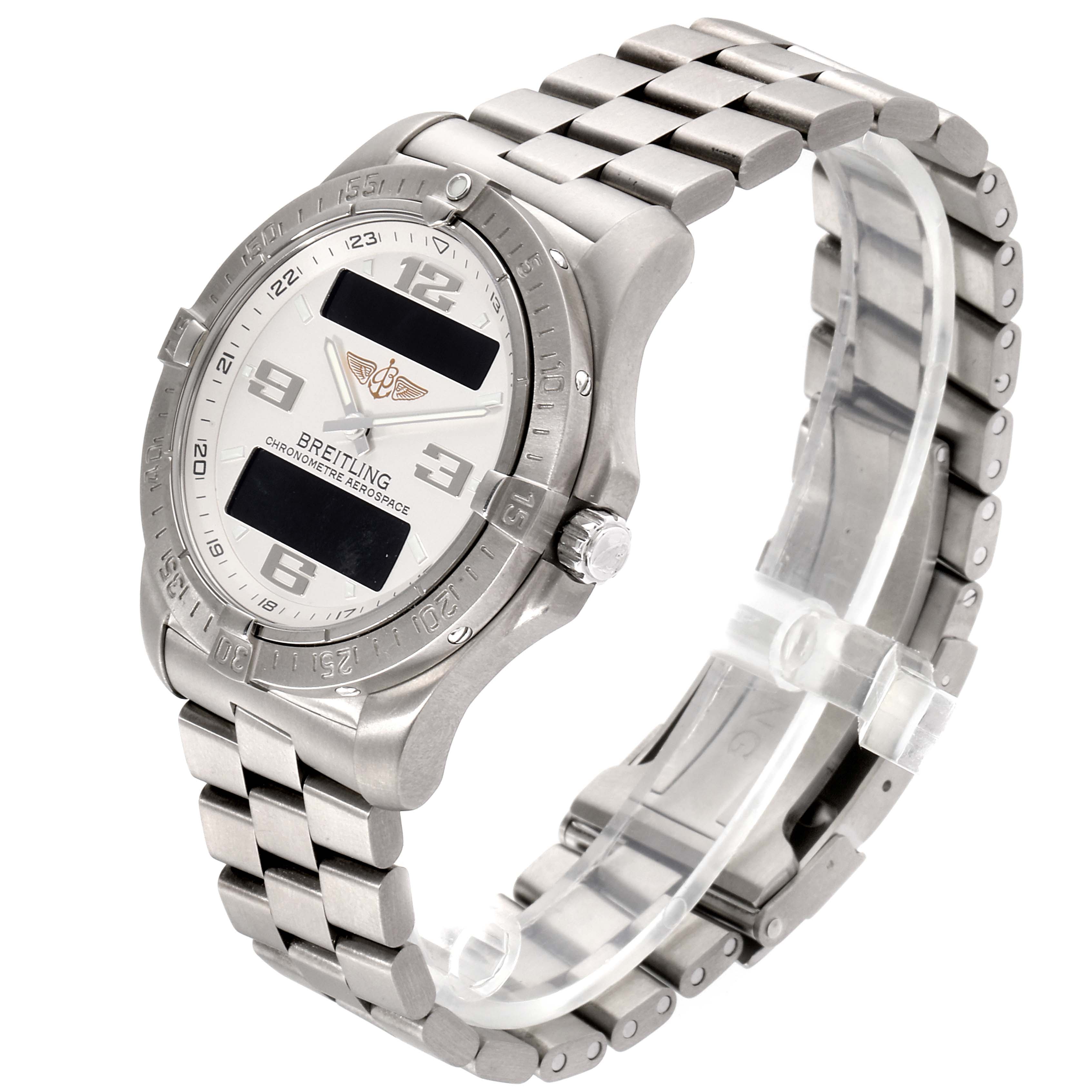 The image shows a Breitling Professional Series E7936210 Men's Titanium Silver Dial E7936210 Men's Titanium Silver Dial watch at a three-quarter angle, displaying its face, bezel, crown, and metal bracelet.