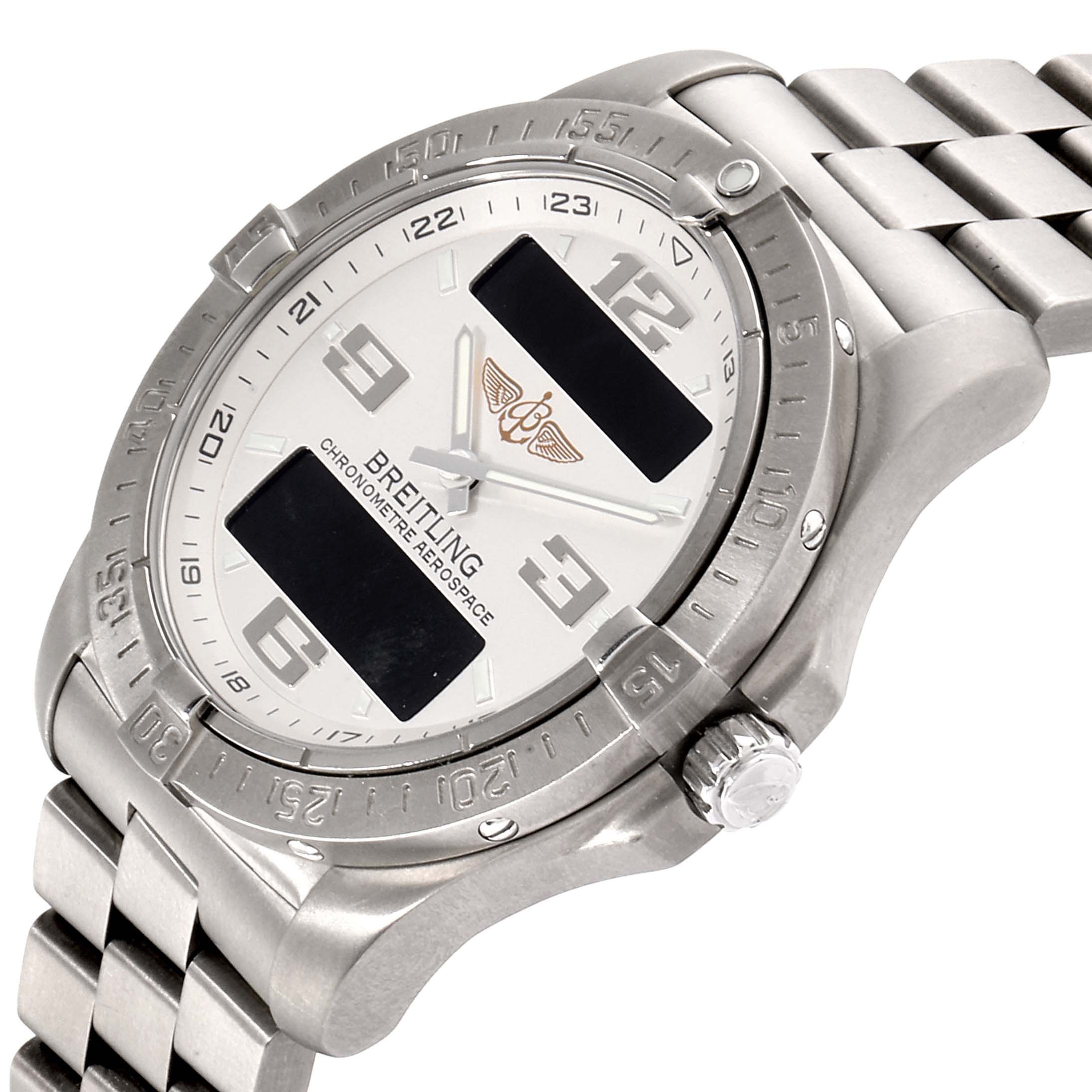 This image shows a Breitling Professional Series E7936210 Men's Titanium Silver Dial E7936210 Men's Titanium Silver Dial model watch from a top-side angle, highlighting its dial, bezel, and metallic bracelet.