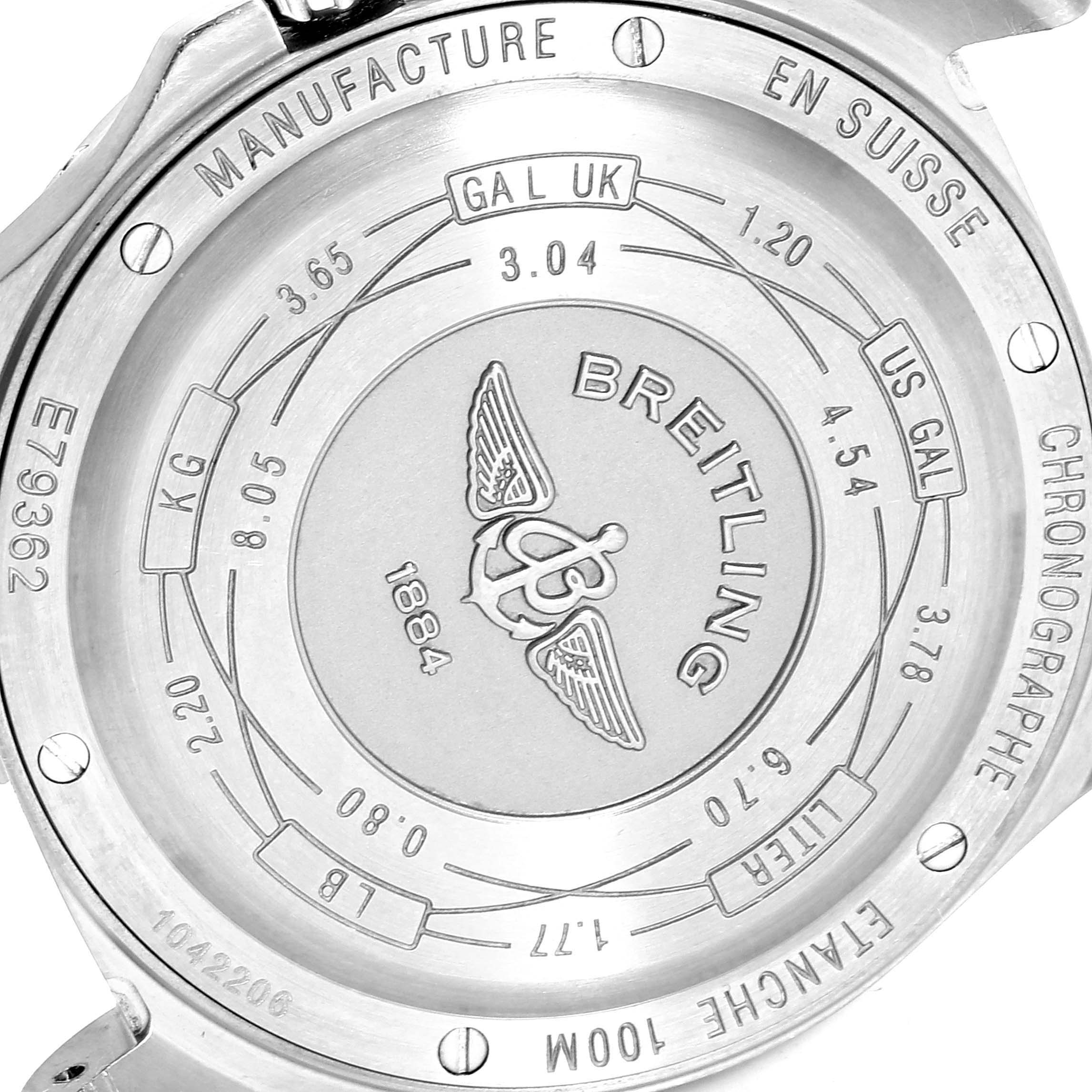The image shows the back casing of a Breitling Professional Series E7936210 Men's Titanium Silver Dial E7936210 Men's Titanium Silver Dial watch, featuring brand engravings and measurement conversions.