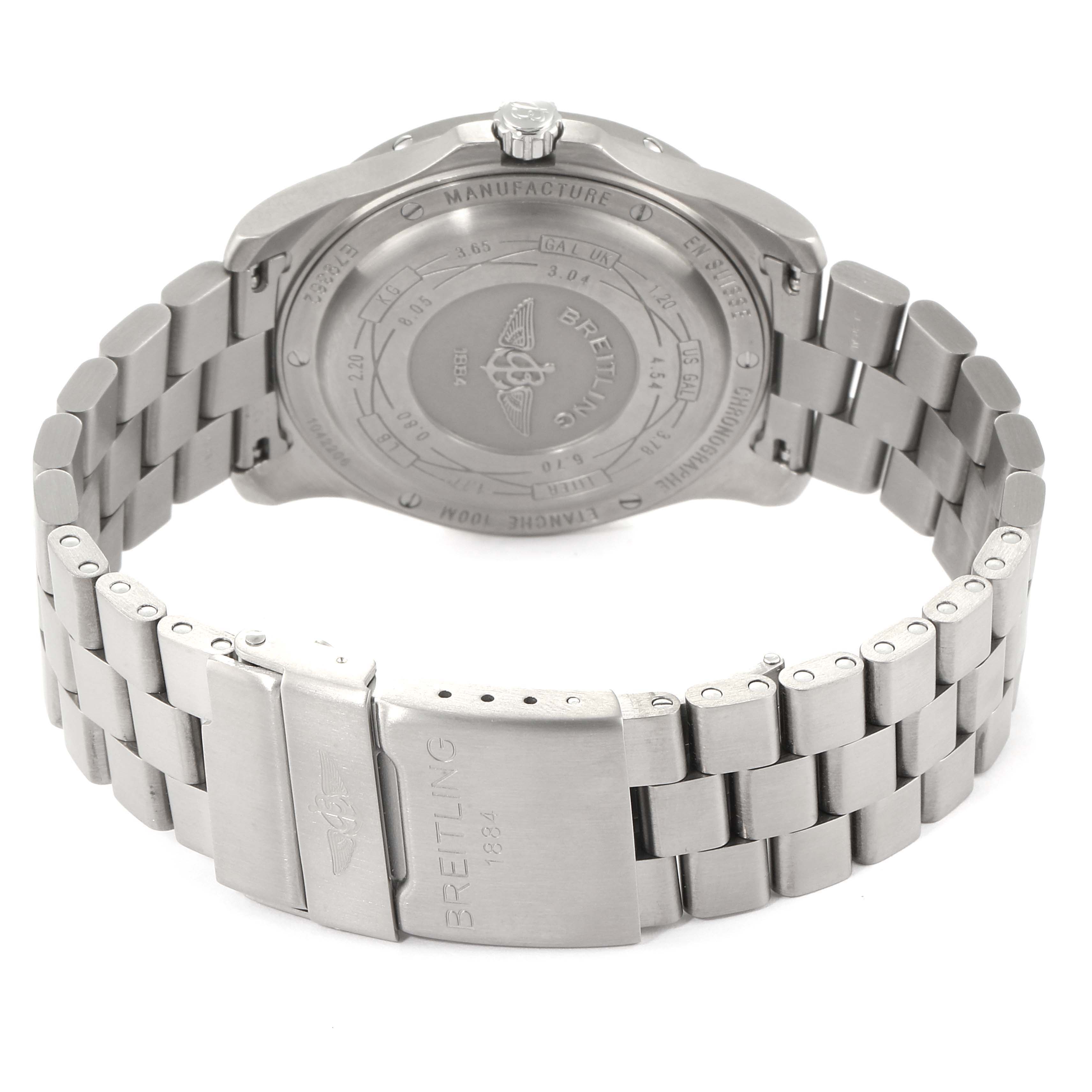 The image shows a rear view of the Breitling Professional Series E7936210 Men's Titanium Silver Dial E7936210 Men's Titanium Silver Dial watch, highlighting the case back and stainless steel bracelet.