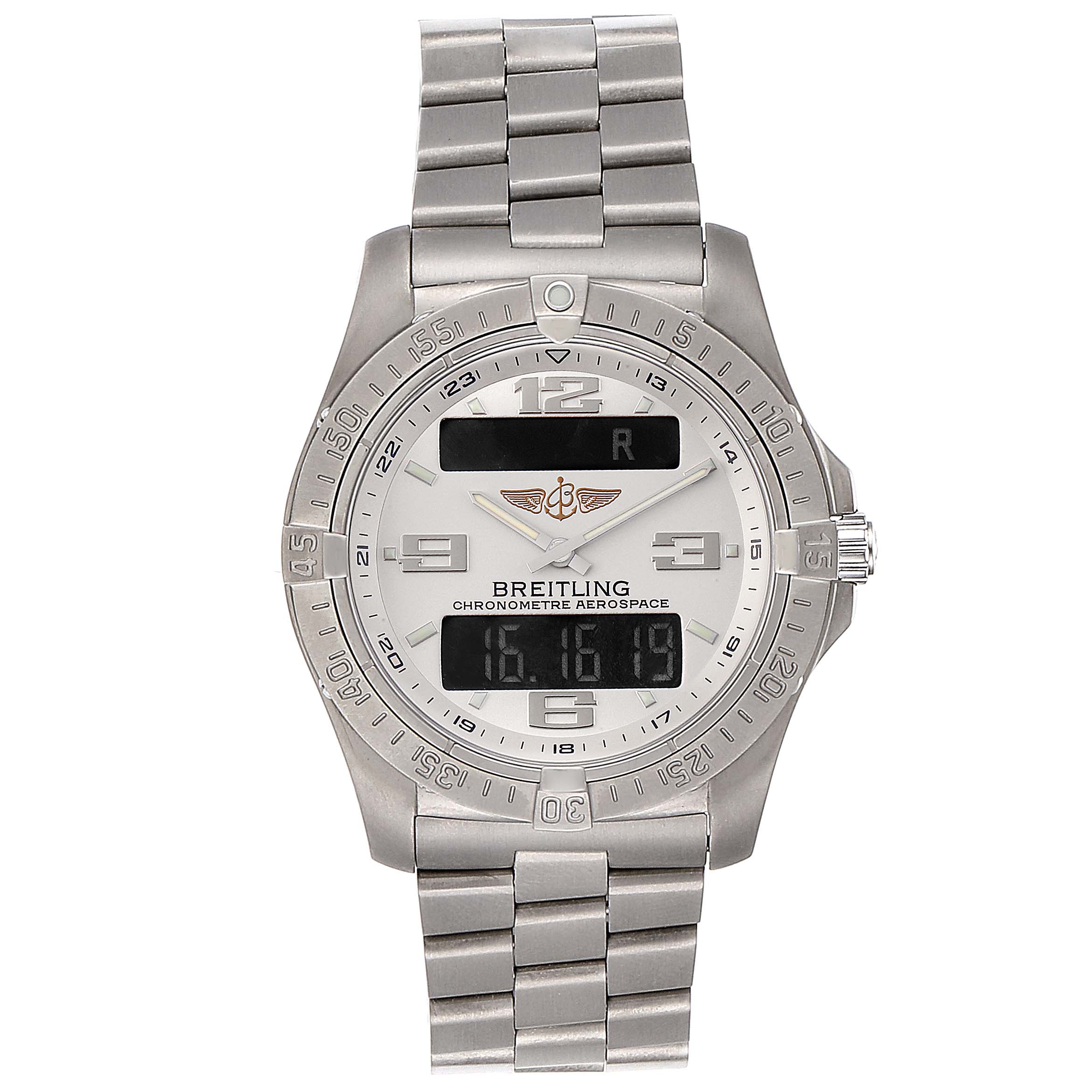 The image shows a front view of a Breitling Professional Series E7936210 Men's Titanium Silver Dial E7936210 Men's Titanium Silver Dial Chronometre Aerospace watch with clear visibility of its dial and bracelet.