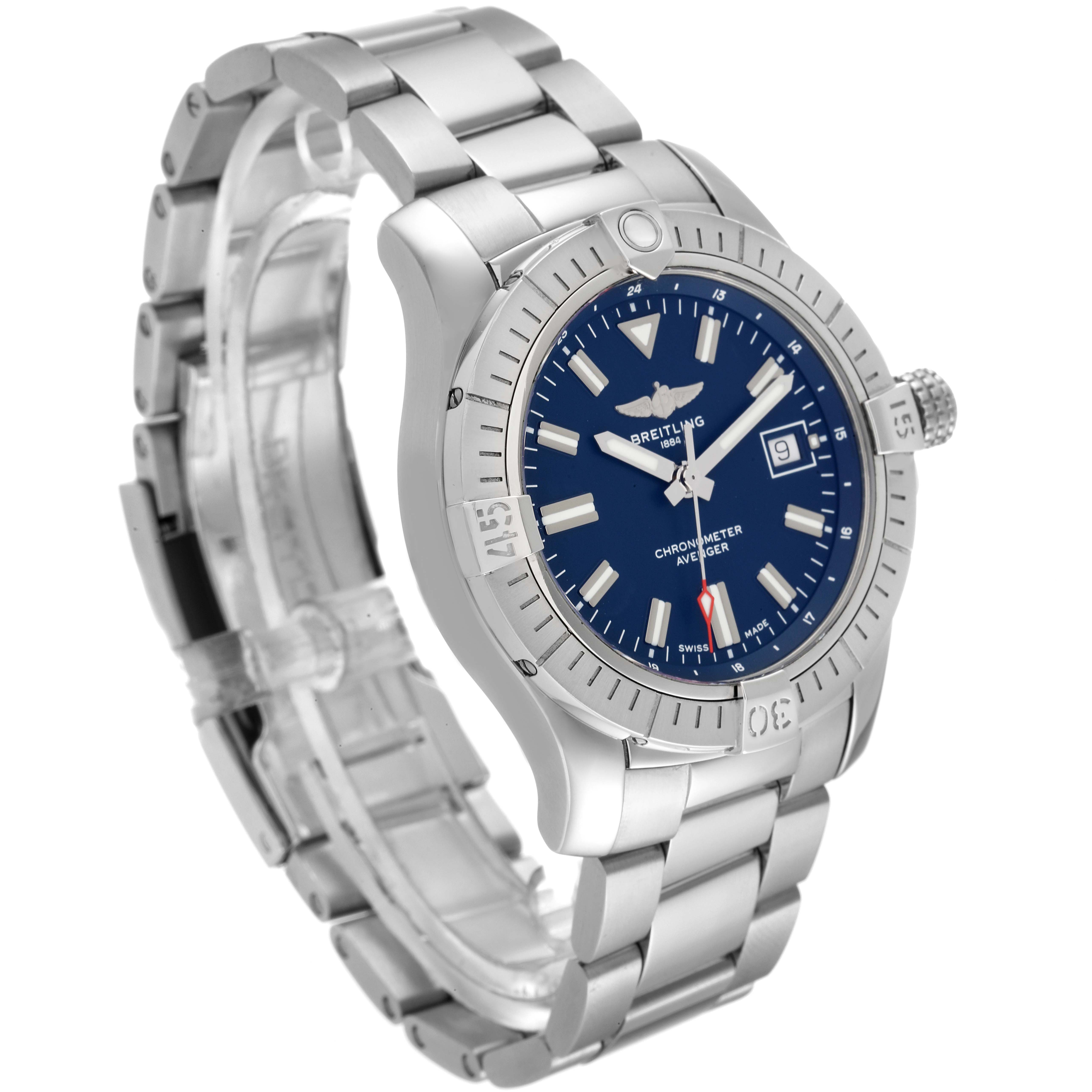 The image shows a Breitling Avenger A17318 Men's Stainless Steel Blue Dial A17318 Men's Stainless Steel Blue Dial watch at a side angle, highlighting the bezel, bracelet, dial, and crown.