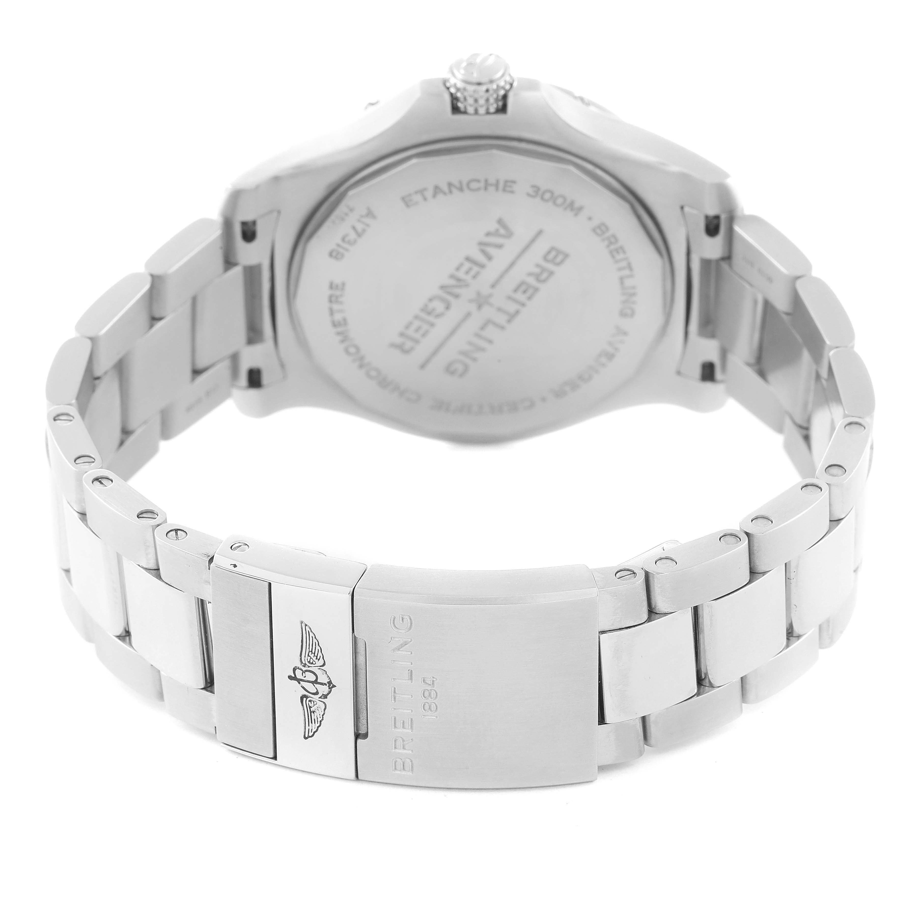 The image shows the back view of a Breitling Avenger A17318 Men's Stainless Steel Blue Dial A17318 Men's Stainless Steel Blue Dial watch, highlighting the case back and clasp of the bracelet.