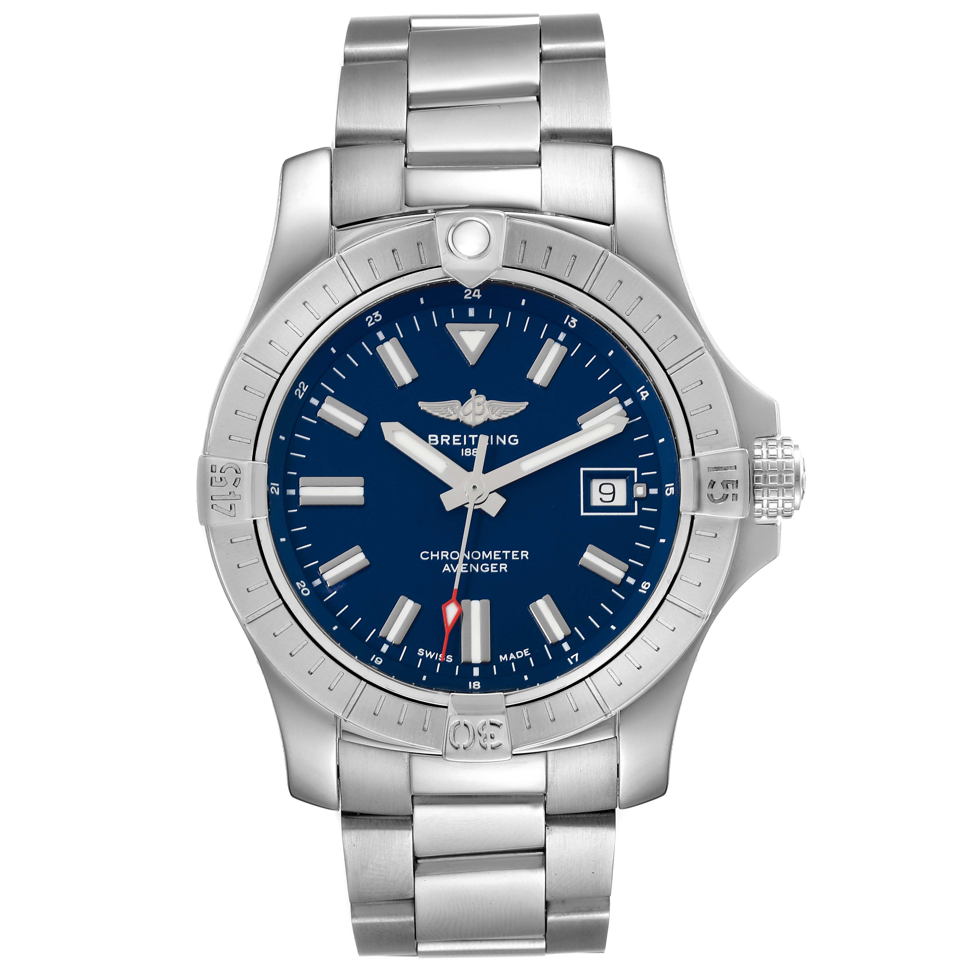 The image shows a front view of the Breitling Avenger A17318 Men's Stainless Steel Blue Dial A17318 Men's Stainless Steel Blue Dial watch, featuring its dial, bezel, and stainless steel bracelet.