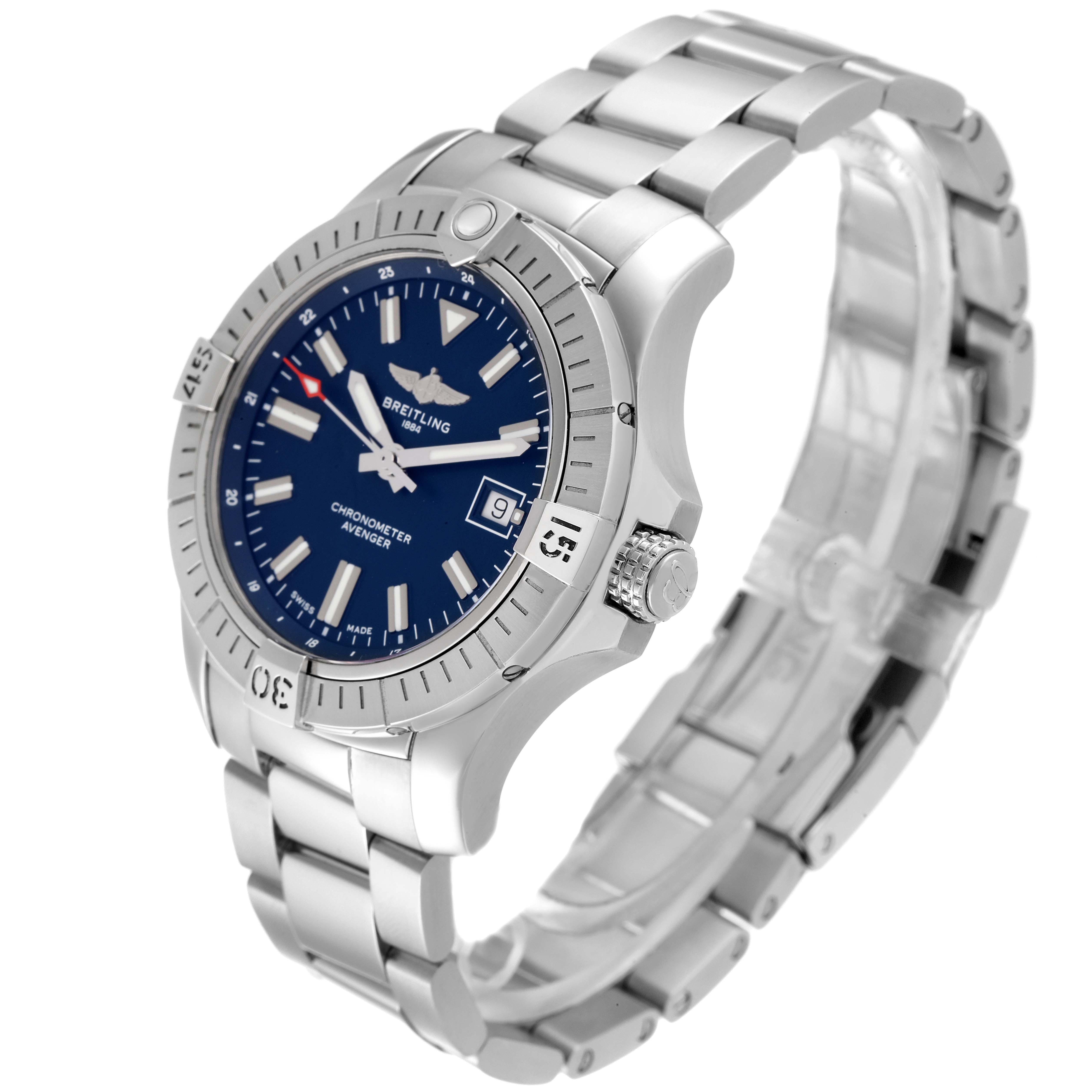 This image shows a Breitling Avenger A17318 Men's Stainless Steel Blue Dial A17318 Men's Stainless Steel Blue Dial watch from a three-quarter angle, highlighting the blue dial, bezel, and metal bracelet.