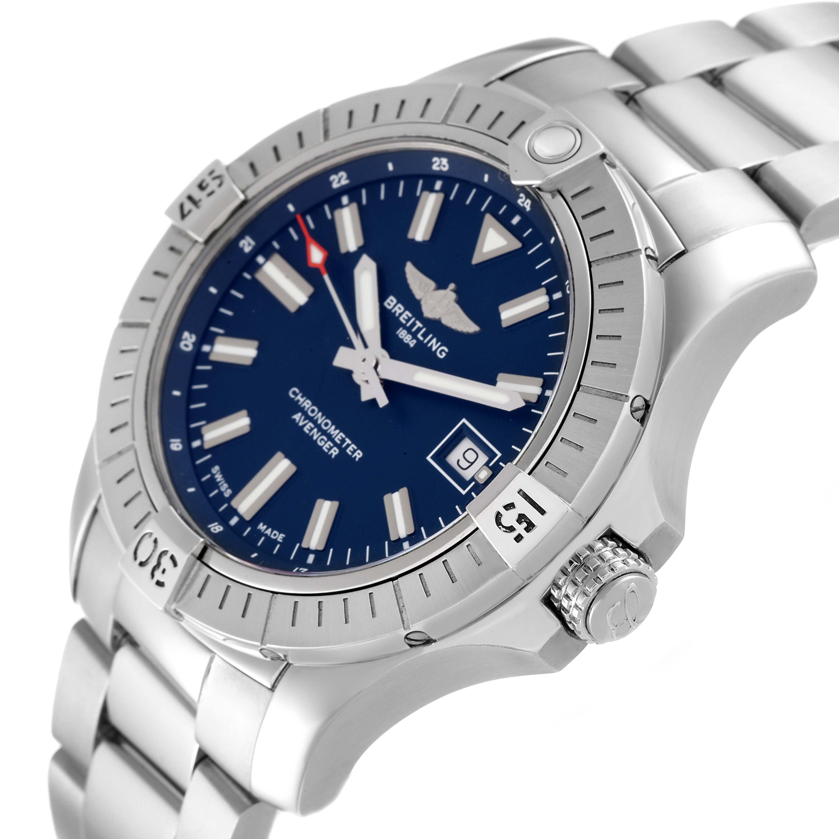 The Breitling Avenger A17318 Men's Stainless Steel Blue Dial A17318 Men's Stainless Steel Blue Dial watch is shown at a slight angle, highlighting the face, bezel, crown, and part of the bracelet.