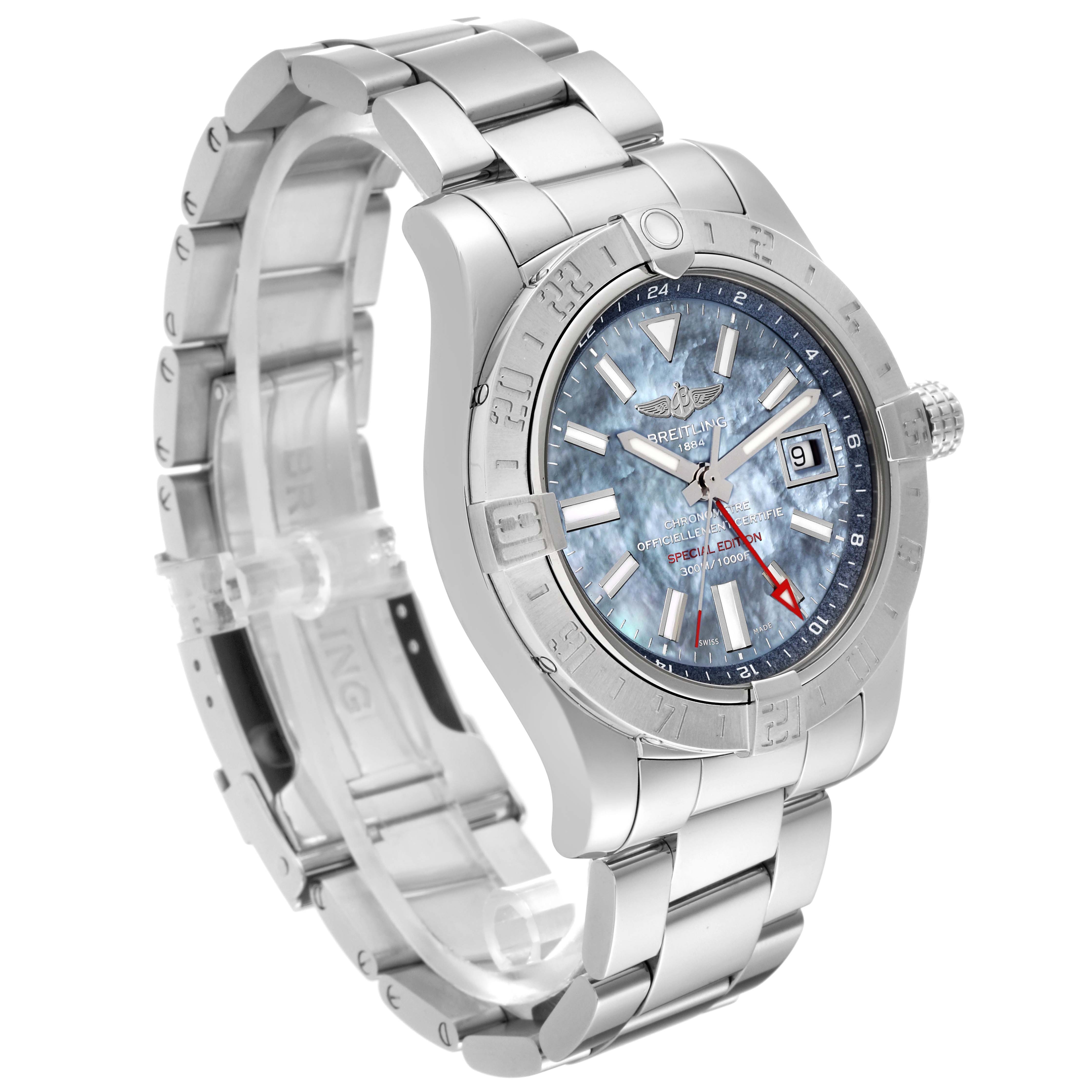 The Breitling Avenger A3239011/C930 Men's Stainless Steel Mother of Pearl Dial A3239011/C930 Men's Stainless Steel Mother of Pearl Dial watch is shown at a slight angle, displaying its silver bracelet, bezel, crown, and blue dial.