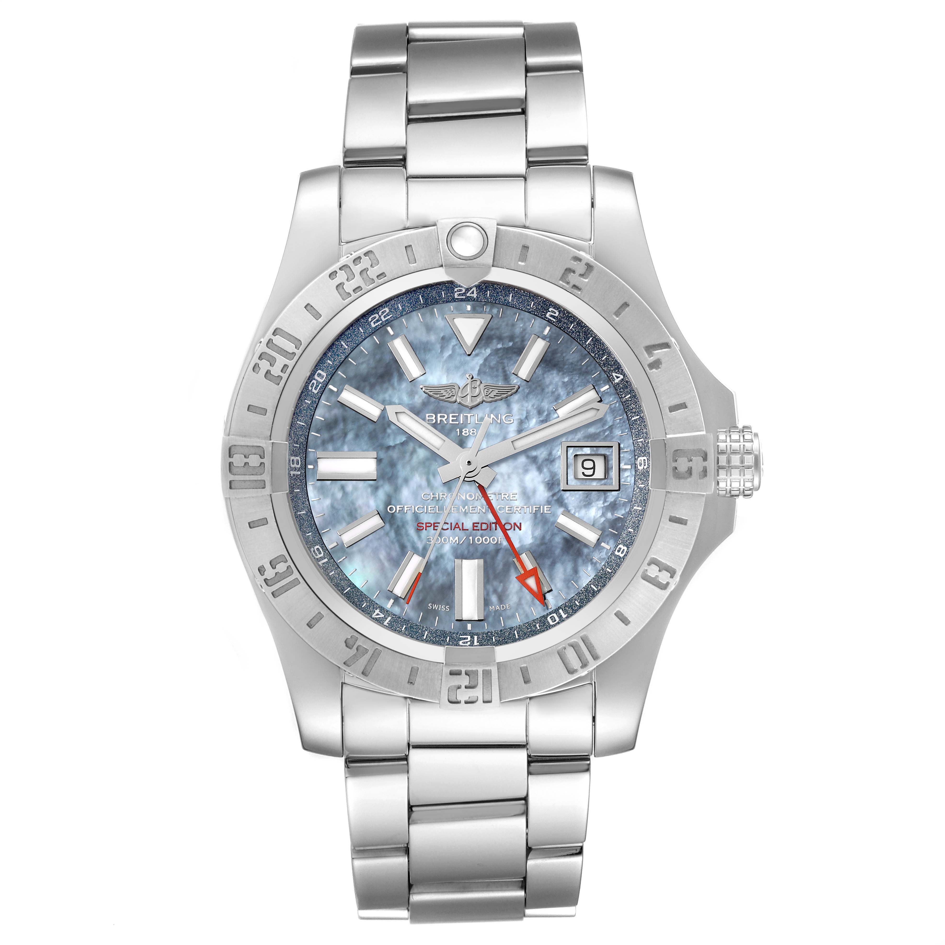 The image shows a front view of a Breitling Avenger A3239011/C930 Men's Stainless Steel Mother of Pearl Dial A3239011/C930 Men's Stainless Steel Mother of Pearl Dial watch with its face, bezel, and metal bracelet visible.