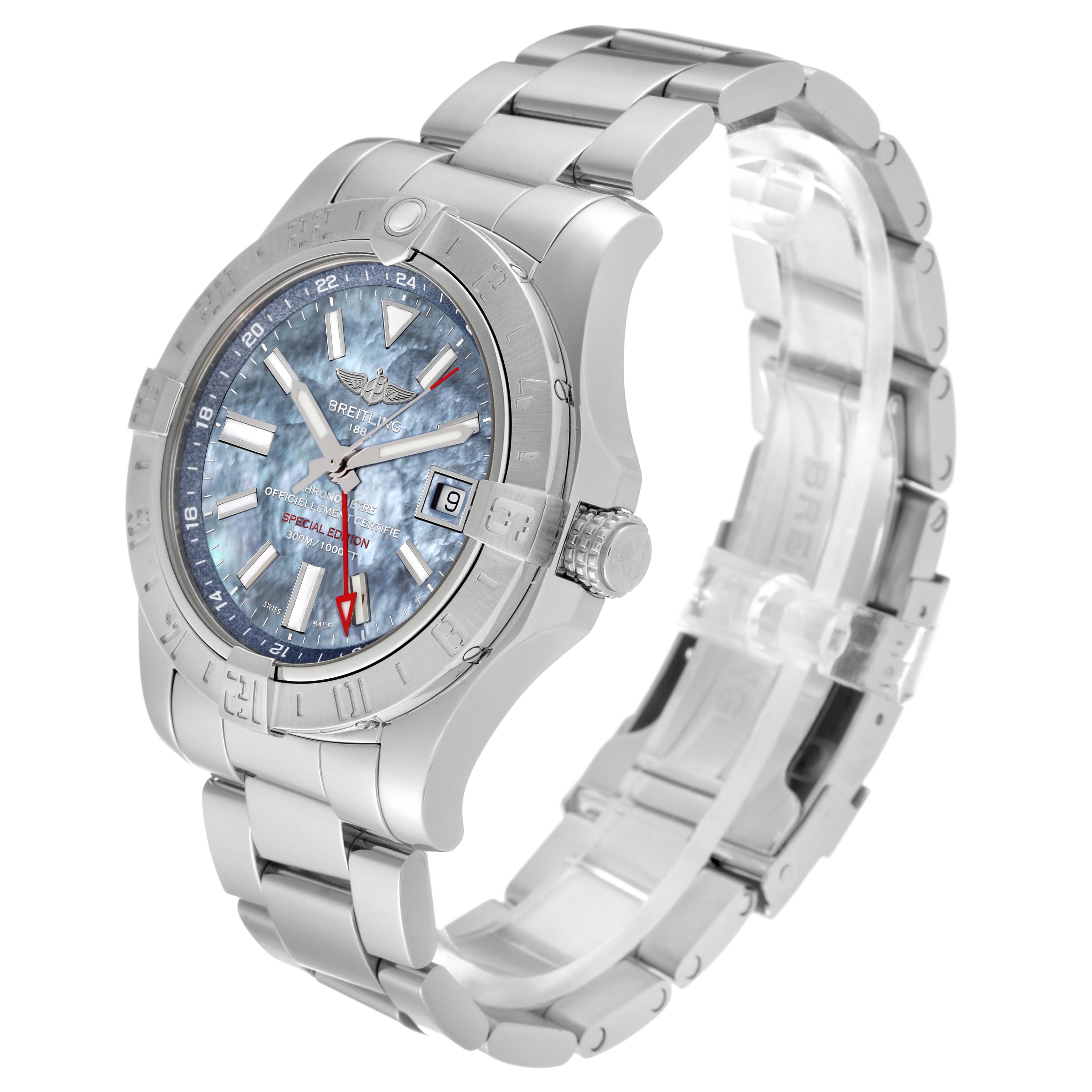 The image shows a side-angle view of the Breitling Avenger A3239011/C930 Men's Stainless Steel Mother of Pearl Dial A3239011/C930 Men's Stainless Steel Mother of Pearl Dial watch, highlighting the face, crown, bezel, and part of the bracelet.