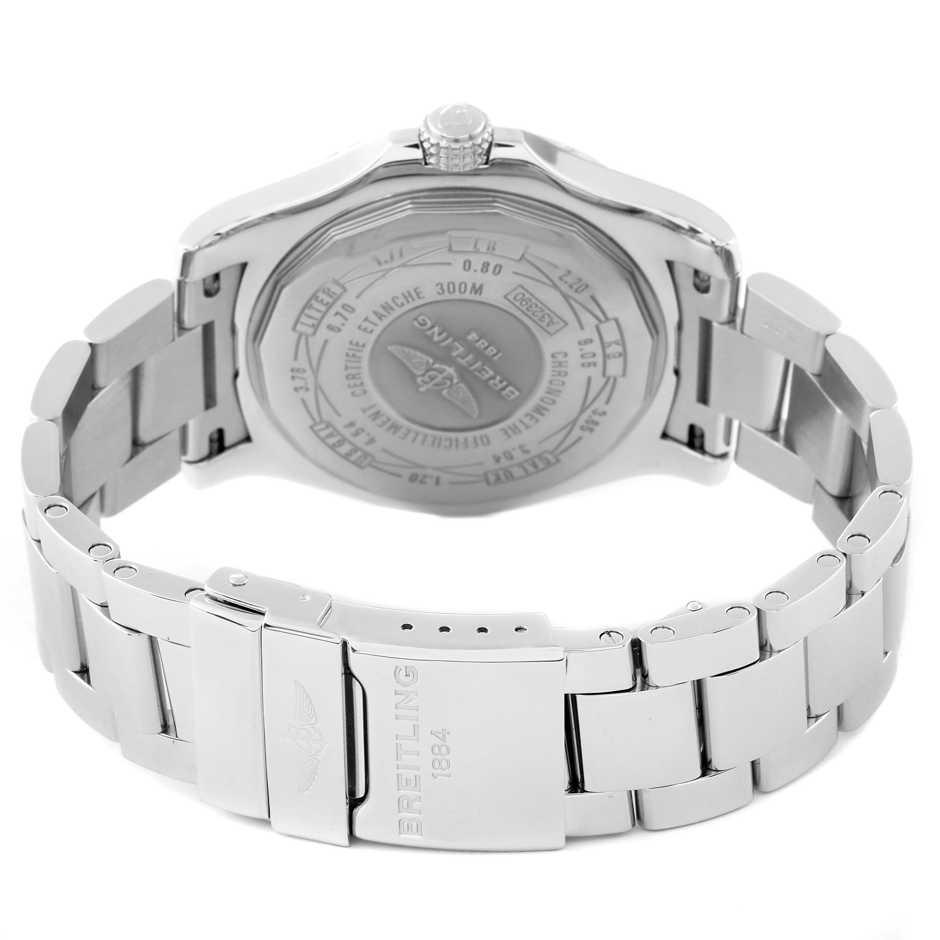 This image shows the back view of the Breitling Avenger A3239011/C930 Men's Stainless Steel Mother of Pearl Dial A3239011/C930 Men's Stainless Steel Mother of Pearl Dial watch, including the case back and metal bracelet with the clasp.