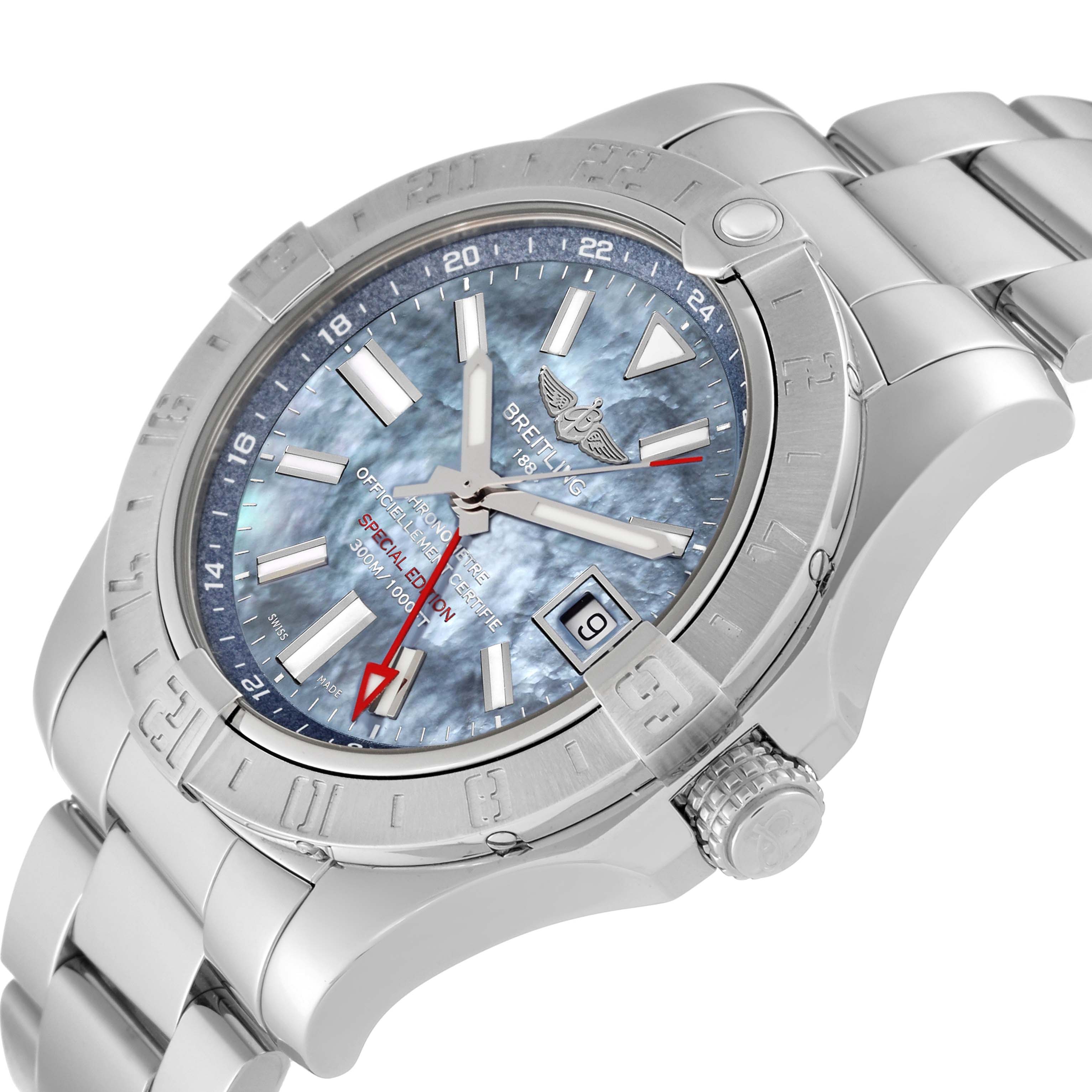 The image shows a side angle of the Breitling Avenger A3239011/C930 Men's Stainless Steel Mother of Pearl Dial A3239011/C930 Men's Stainless Steel Mother of Pearl Dial watch, highlighting its bezel, dial, hands, bracelet, and crown.
