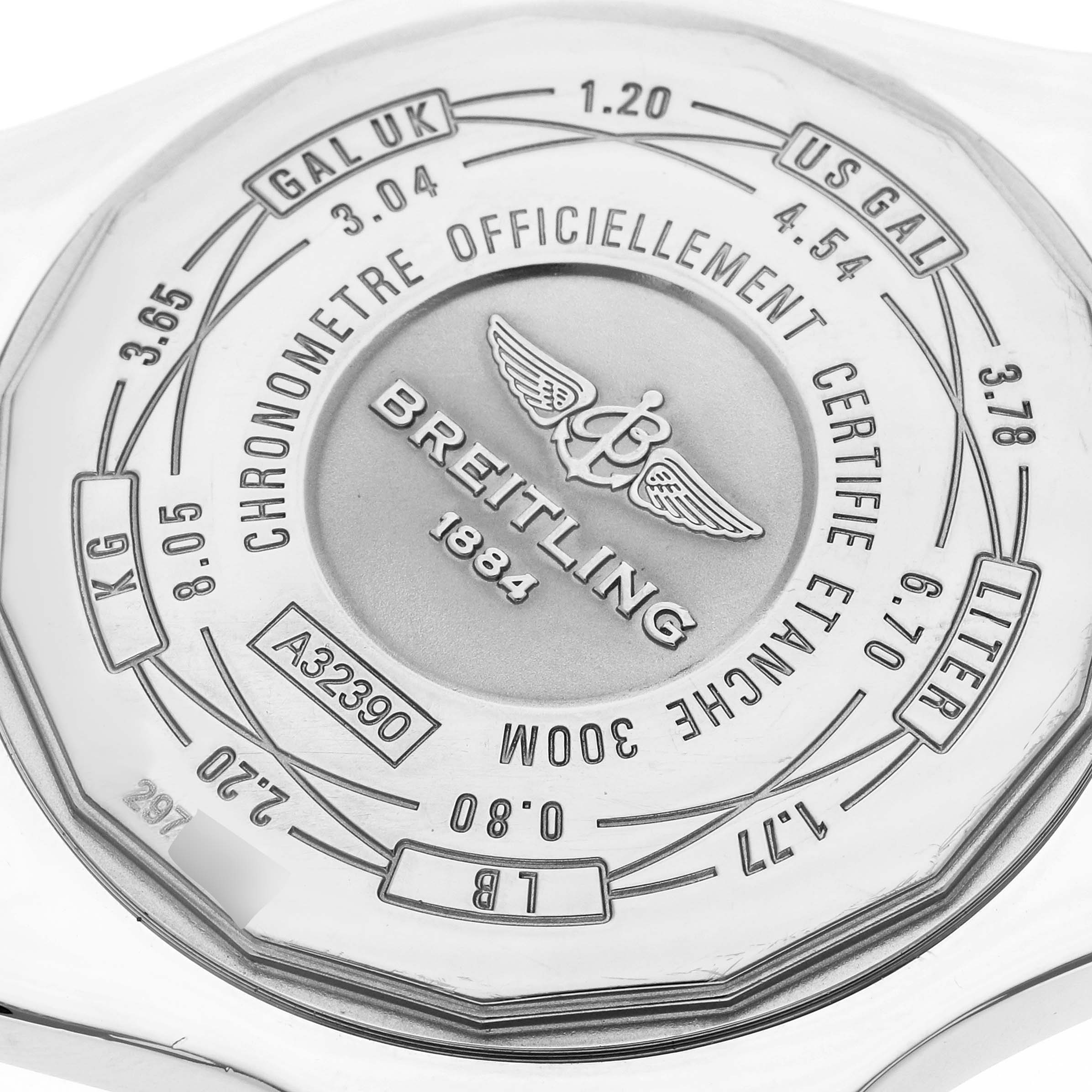 The image shows the back of the Breitling Avenger A3239011/C930 Men's Stainless Steel Mother of Pearl Dial A3239011/C930 Men's Stainless Steel Mother of Pearl Dial watch, detailing its certifications and specifications.