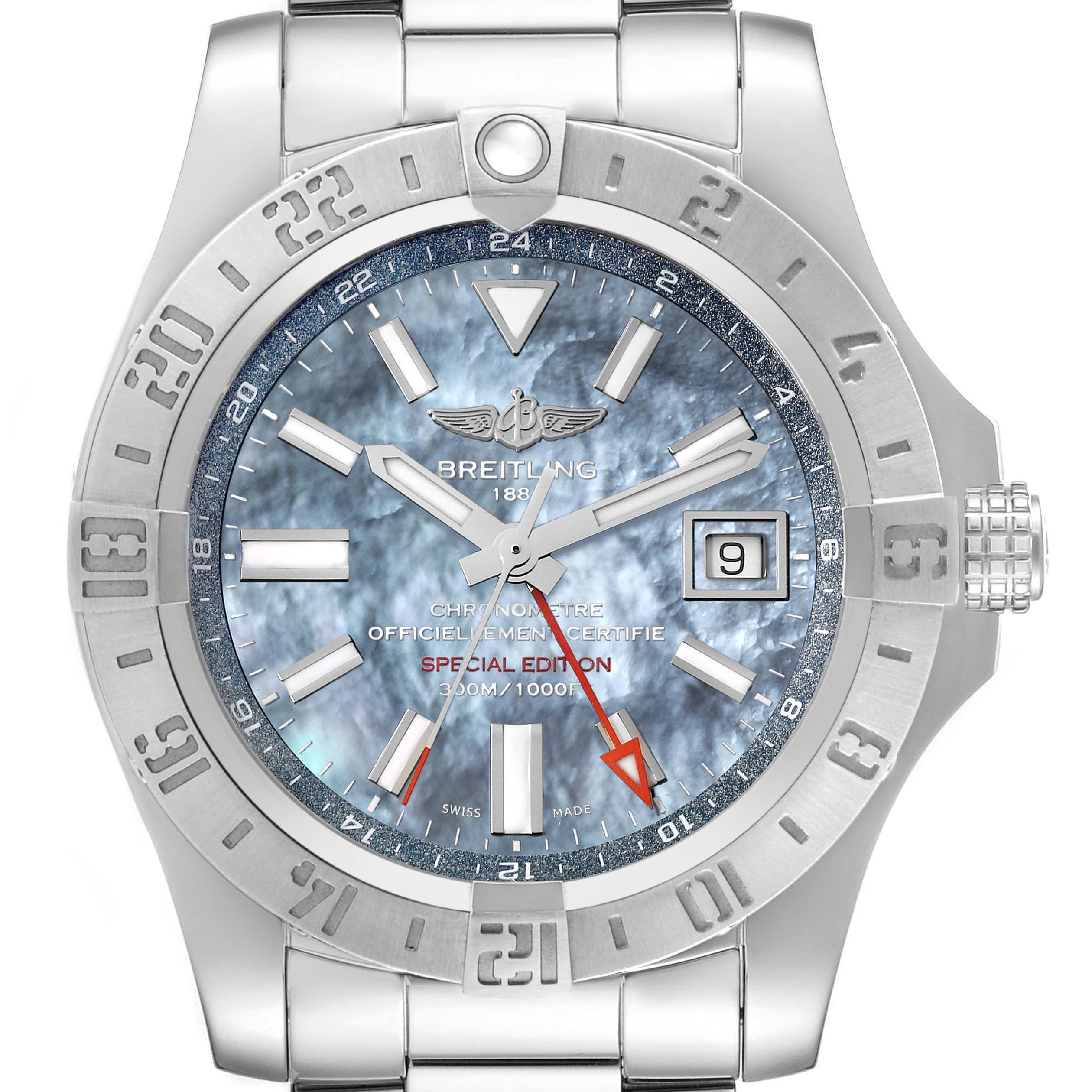 This image shows a front view of the Breitling Avenger A3239011/C930 Men's Stainless Steel Mother of Pearl Dial A3239011/C930 Men's Stainless Steel Mother of Pearl Dial watch, highlighting the face, bezel, and part of the bracelet.
