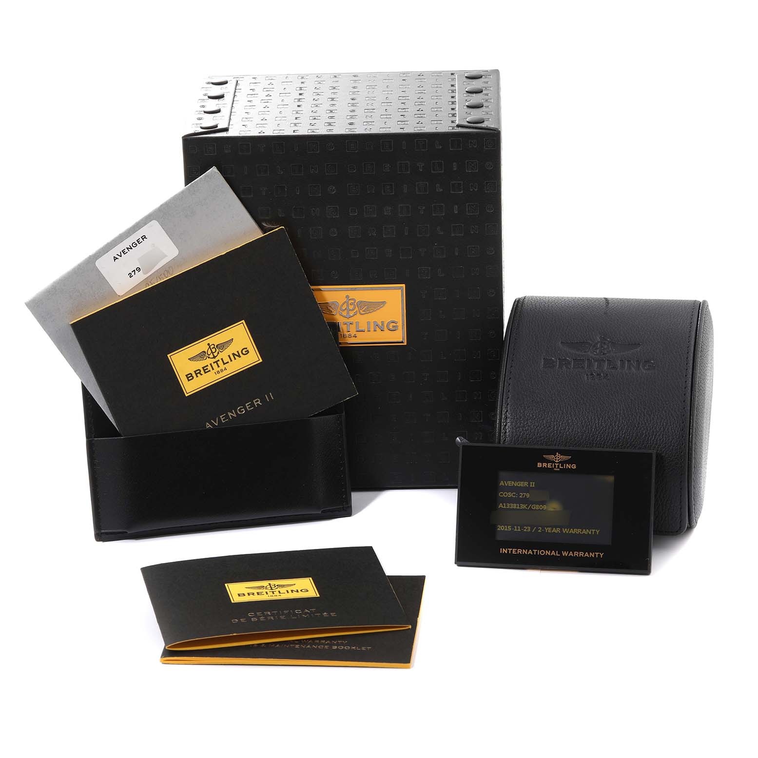 The image shows the packaging, warranty card, instruction manual, and box for the Breitling Avenger A133813K/G809 Men's Stainless Steel White Dial A133813K/G809 Men's Stainless Steel White Dial watch model.