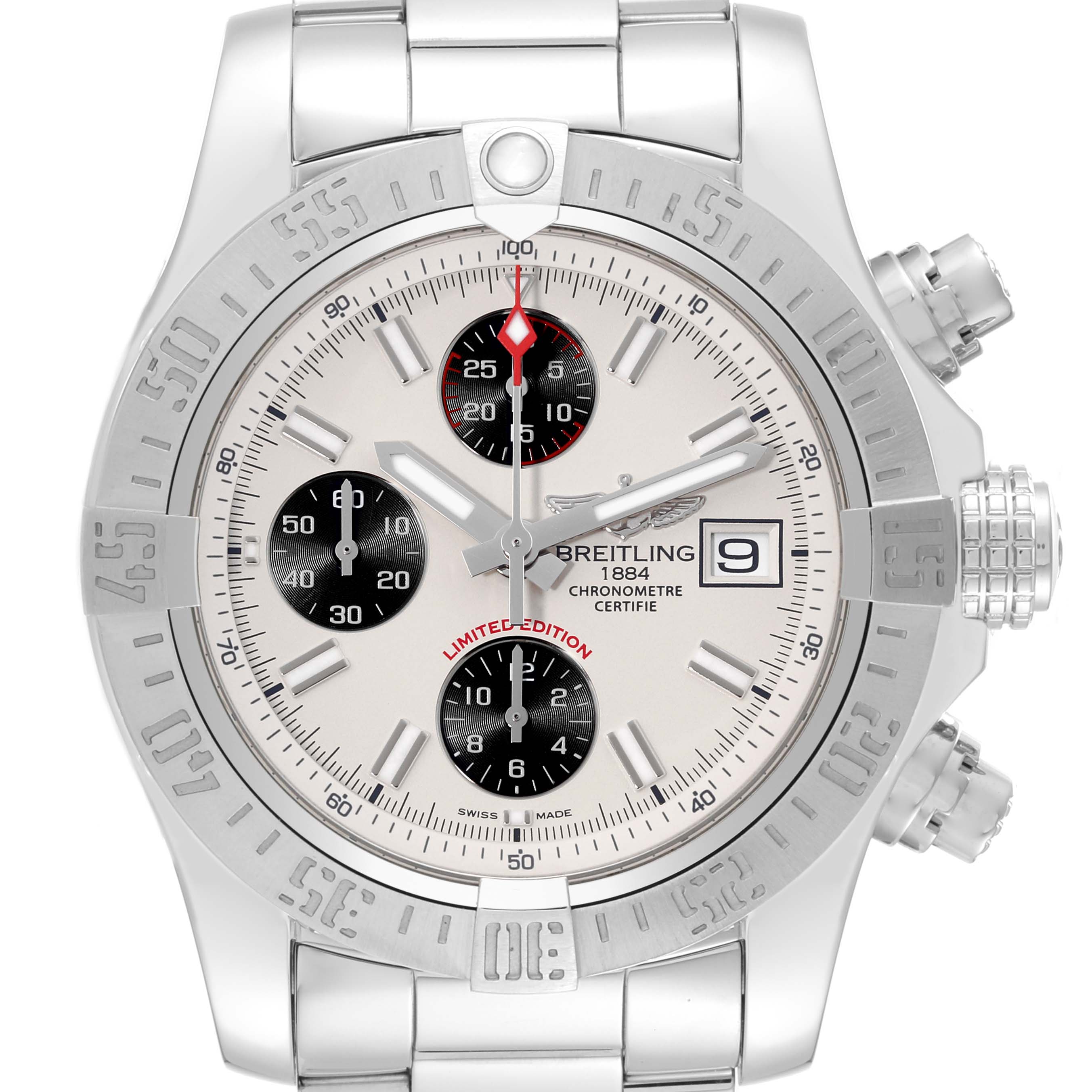 The image shows a front view of a Breitling Avenger A133813K/G809 Men's Stainless Steel White Dial A133813K/G809 Men's Stainless Steel White Dial model watch, including the bezel, dial, chronograph sub-dials, and date window.
