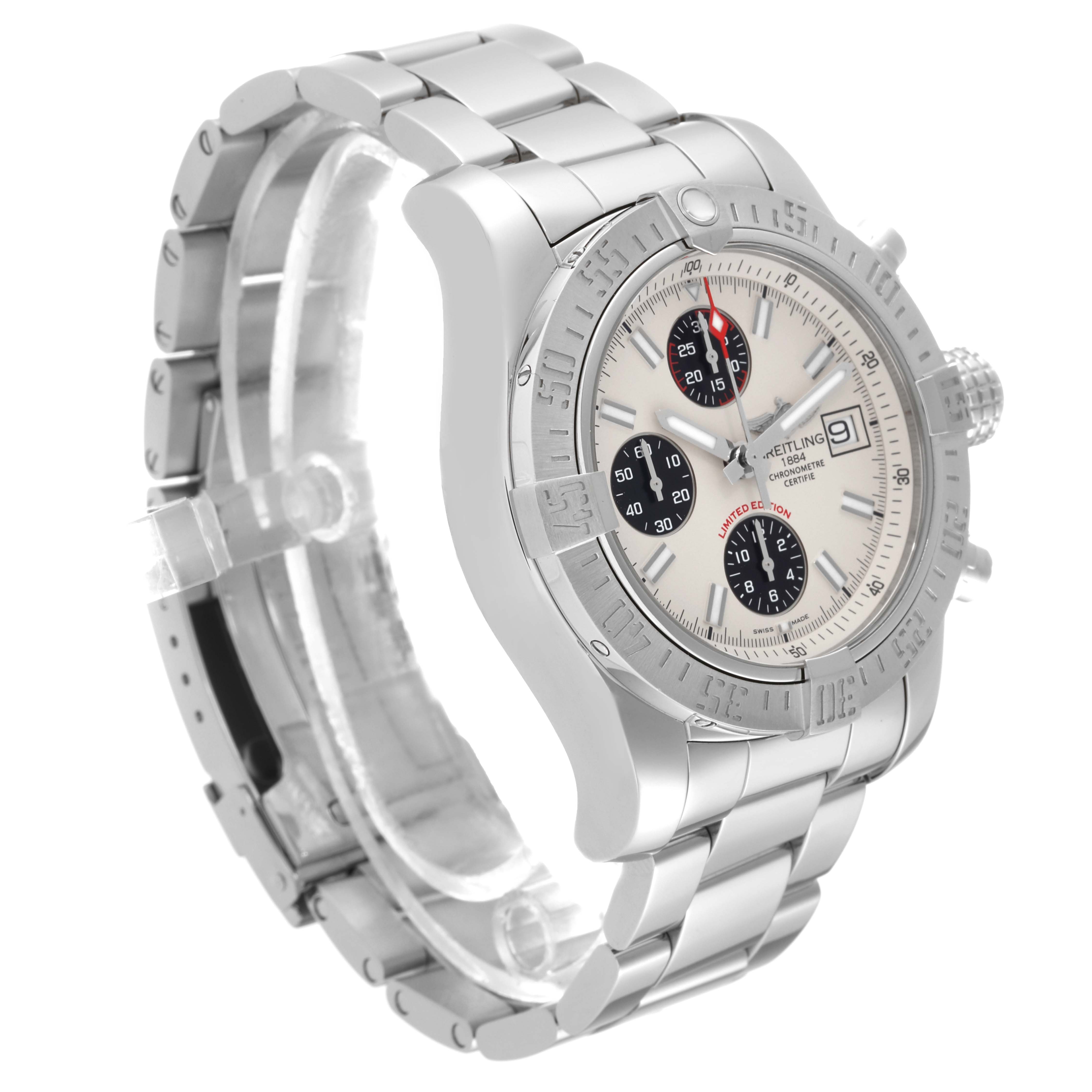 The Breitling Avenger A133813K/G809 Men's Stainless Steel White Dial A133813K/G809 Men's Stainless Steel White Dial watch is shown at an angled view, highlighting its dial, bezel, and metal bracelet.