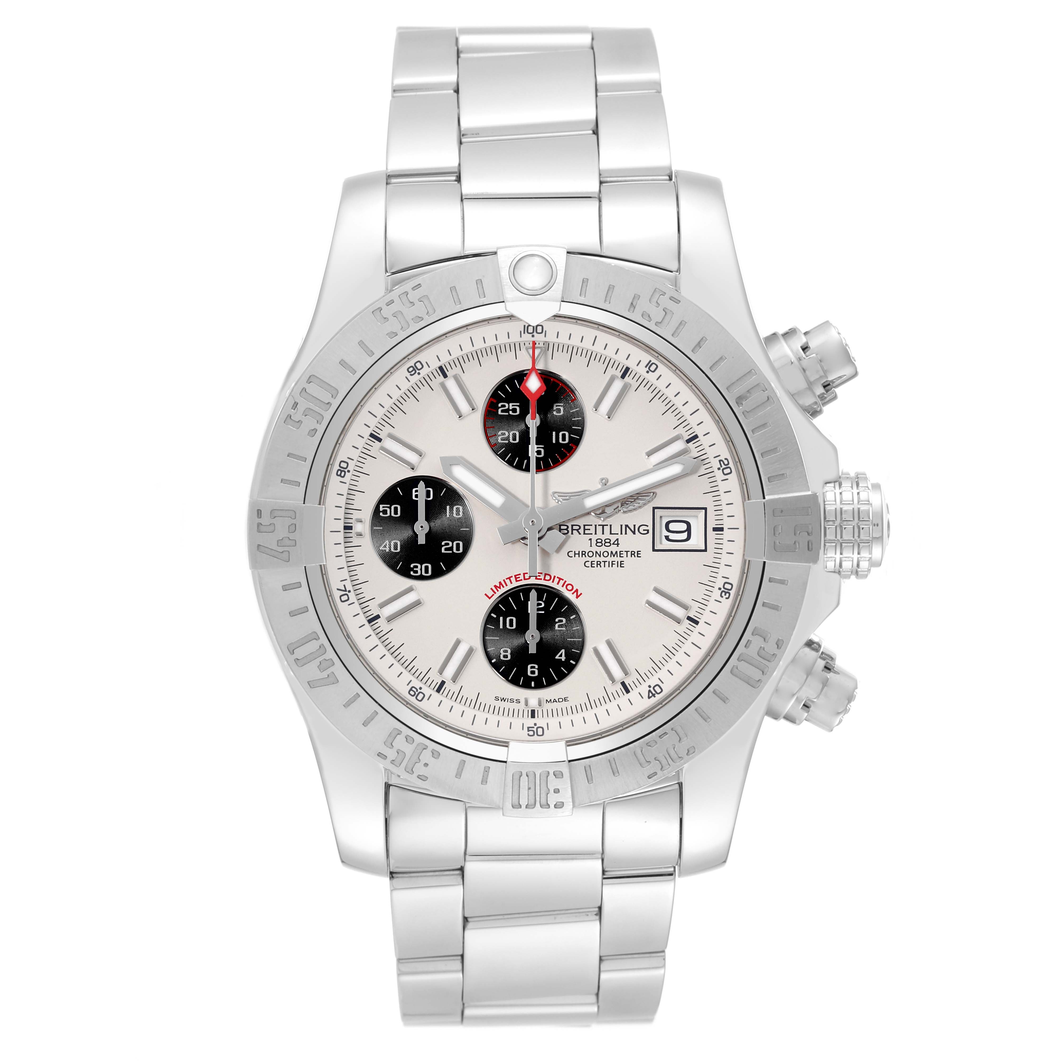 The Breitling Avenger A133813K/G809 Men's Stainless Steel White Dial A133813K/G809 Men's Stainless Steel White Dial watch is shown from a front angle, displaying its dial with chronographs, bezel, and bracelet.