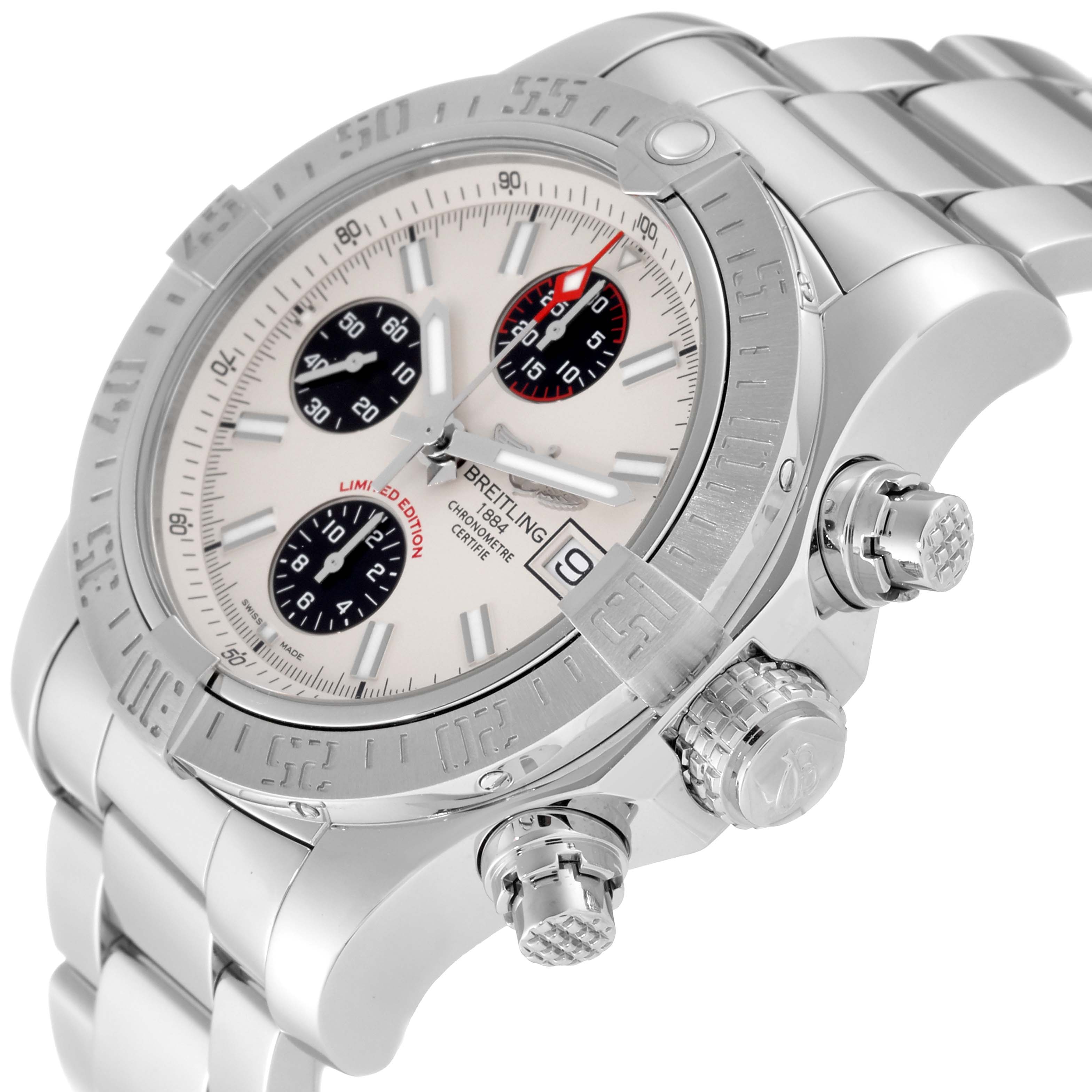The image shows a close-up, angled view of a Breitling Avenger A133813K/G809 Men's Stainless Steel White Dial A133813K/G809 Men's Stainless Steel White Dial watch, highlighting the bezel, crown, pushers, and stainless steel bracelet.