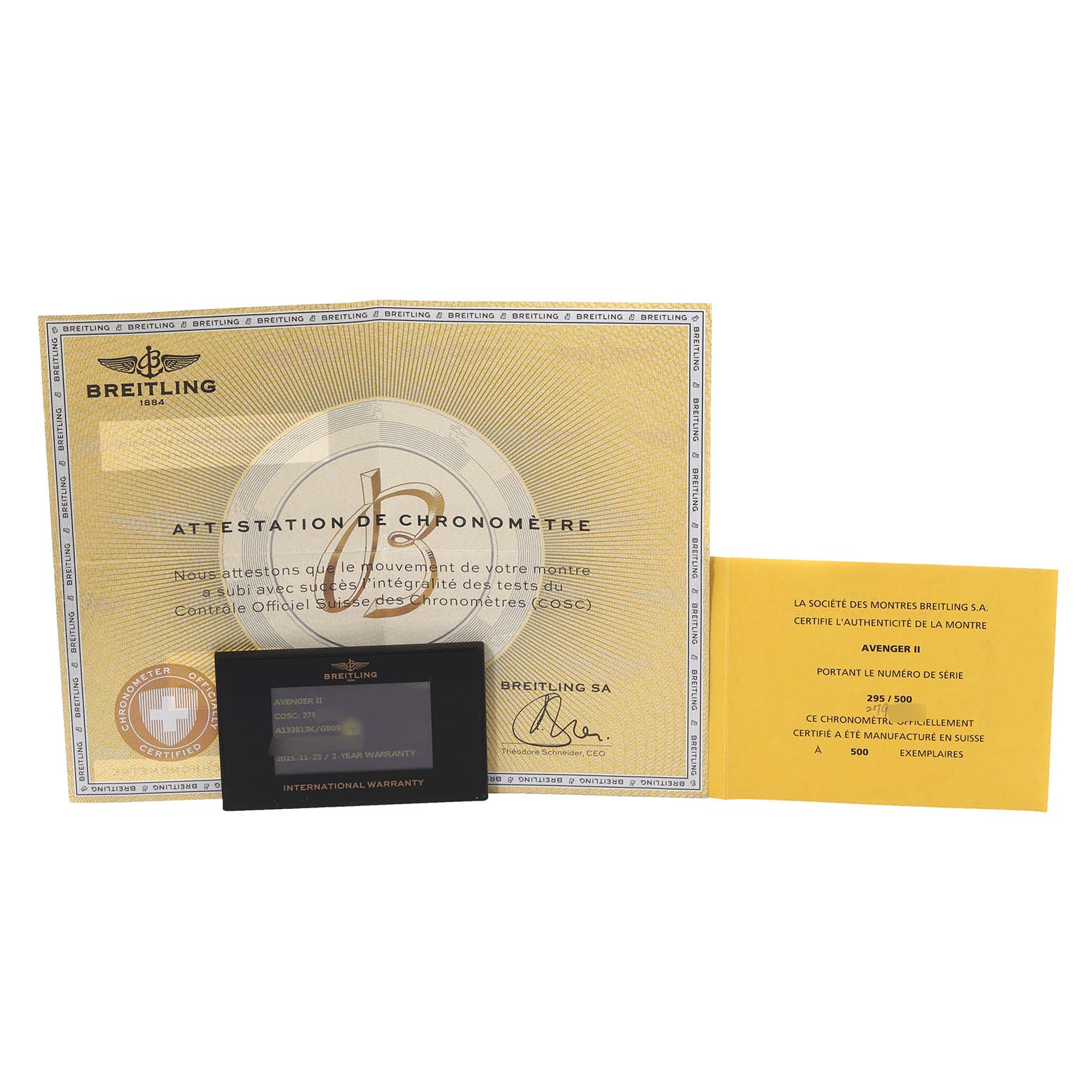 The image shows a Breitling Avenger A133813K/G809 Men's Stainless Steel White Dial A133813K/G809 Men's Stainless Steel White Dial watch's certificate of chronometer, warranty card, and authenticity certificate.