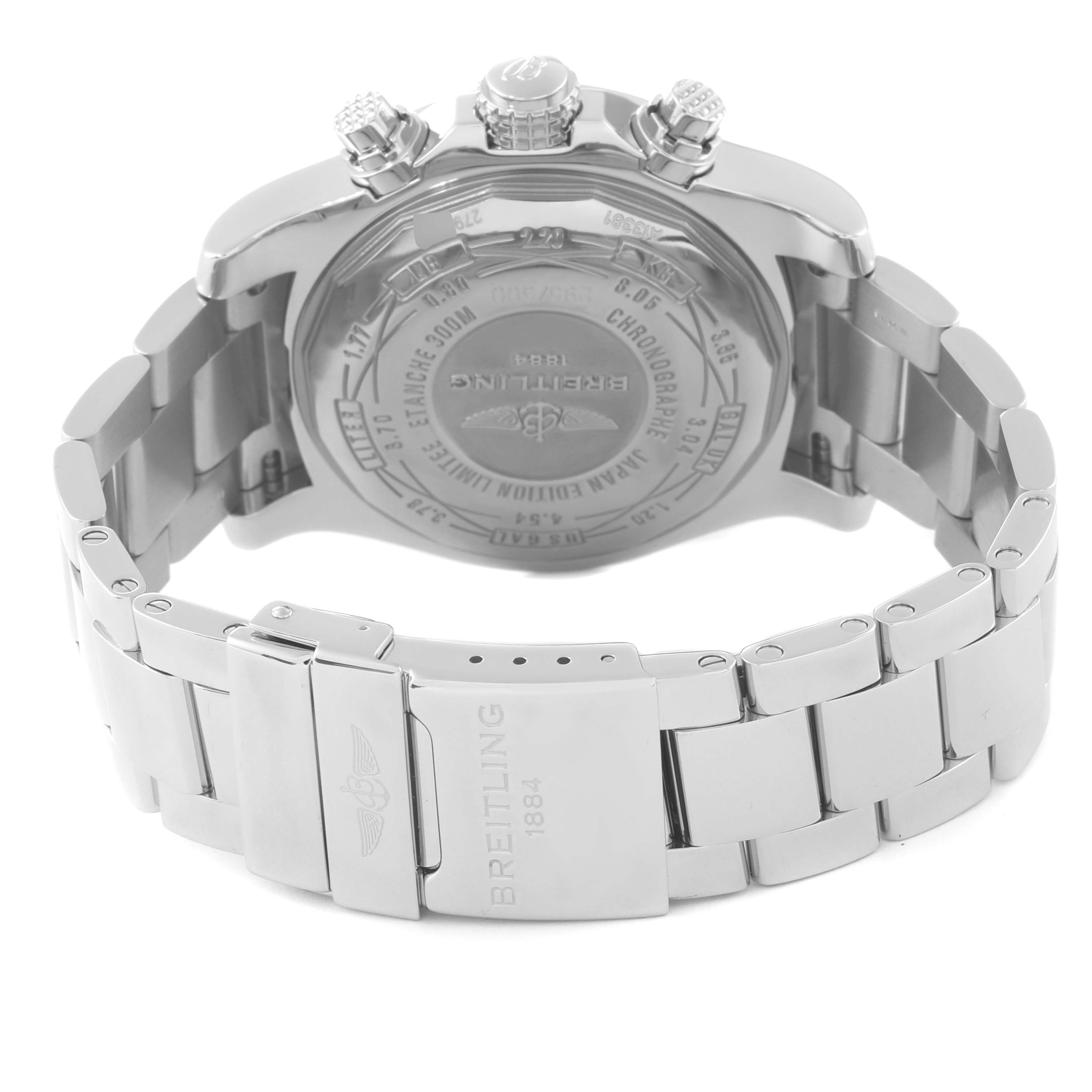 The image shows the back case and bracelet of the Breitling Avenger A133813K/G809 Men's Stainless Steel White Dial A133813K/G809 Men's Stainless Steel White Dial watch, highlighting the clasp and crown.