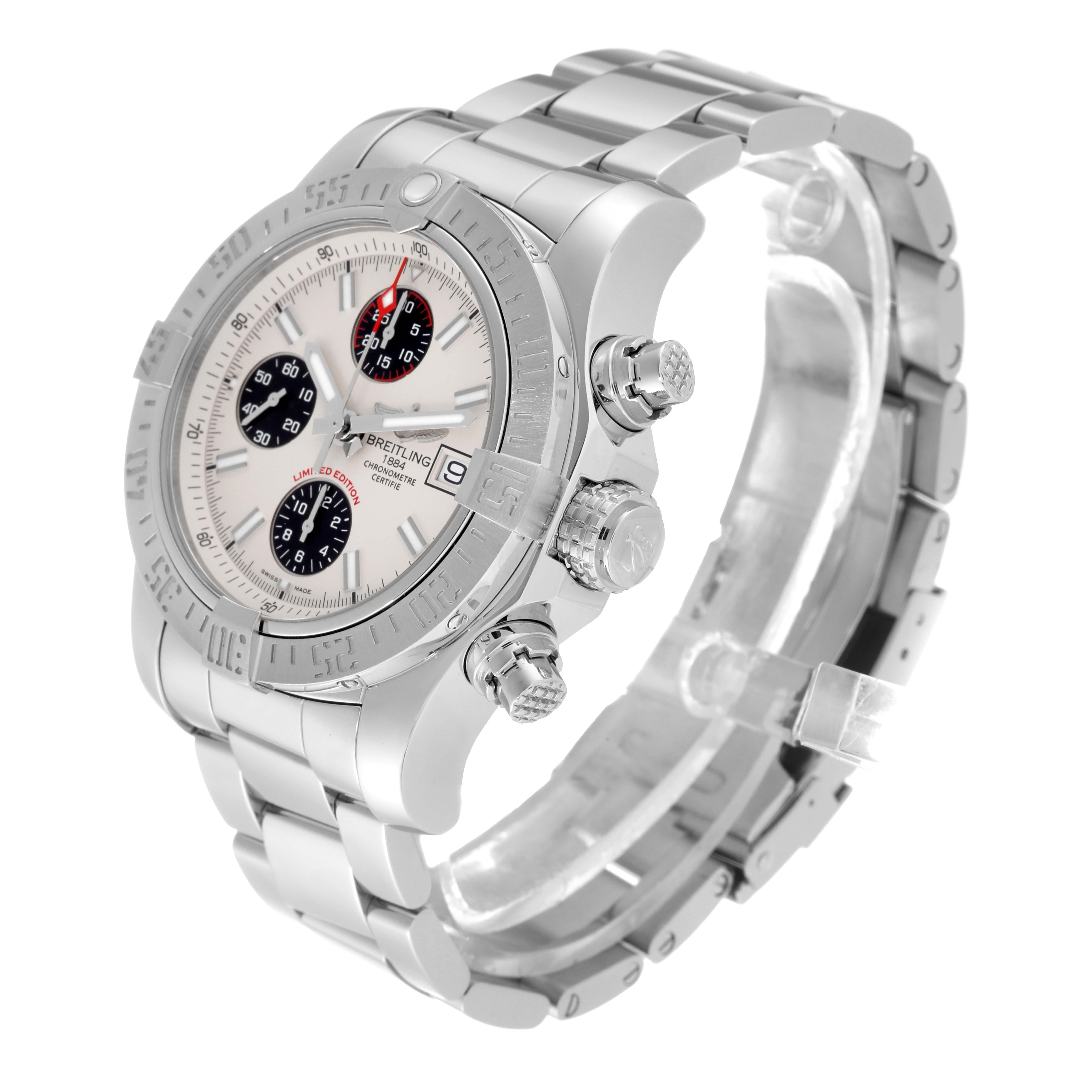 This image shows a Breitling Avenger A133813K/G809 Men's Stainless Steel White Dial A133813K/G809 Men's Stainless Steel White Dial watch at a slight angle, highlighting the dial, bezel, crown, and stainless steel bracelet.