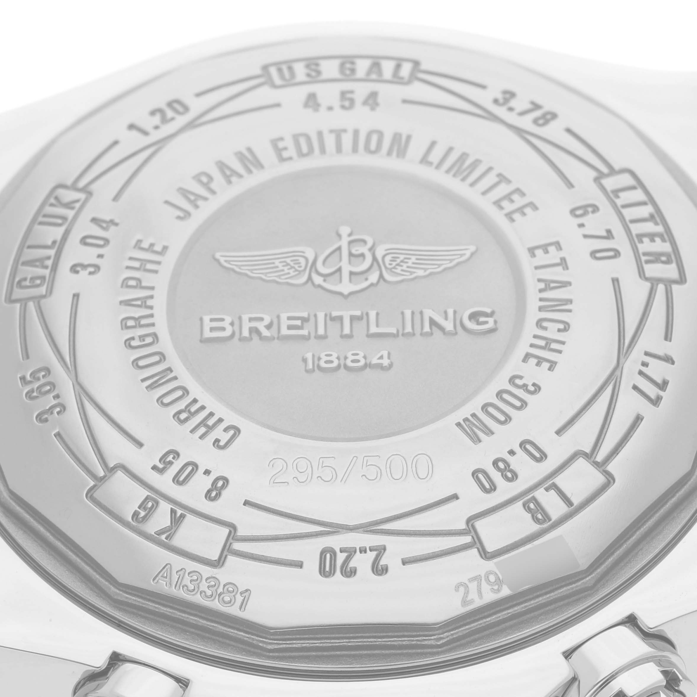 The image shows the back of a Breitling Avenger A133813K/G809 Men's Stainless Steel White Dial A133813K/G809 Men's Stainless Steel White Dial watch, highlighting its engravings and limited edition details.