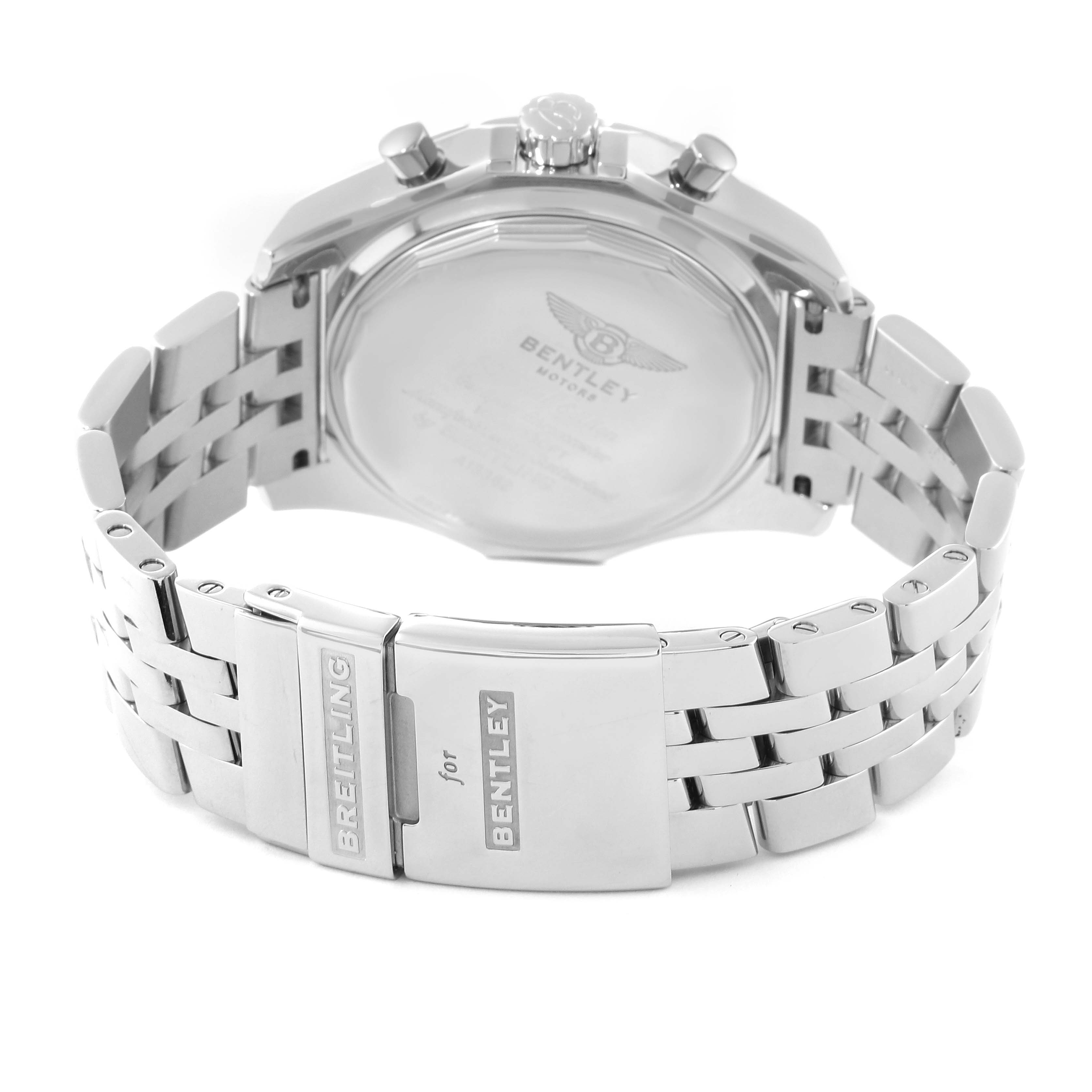 The image shows the back and clasp of the Bentley model Breitling watch, highlighting the engraved band and case back.