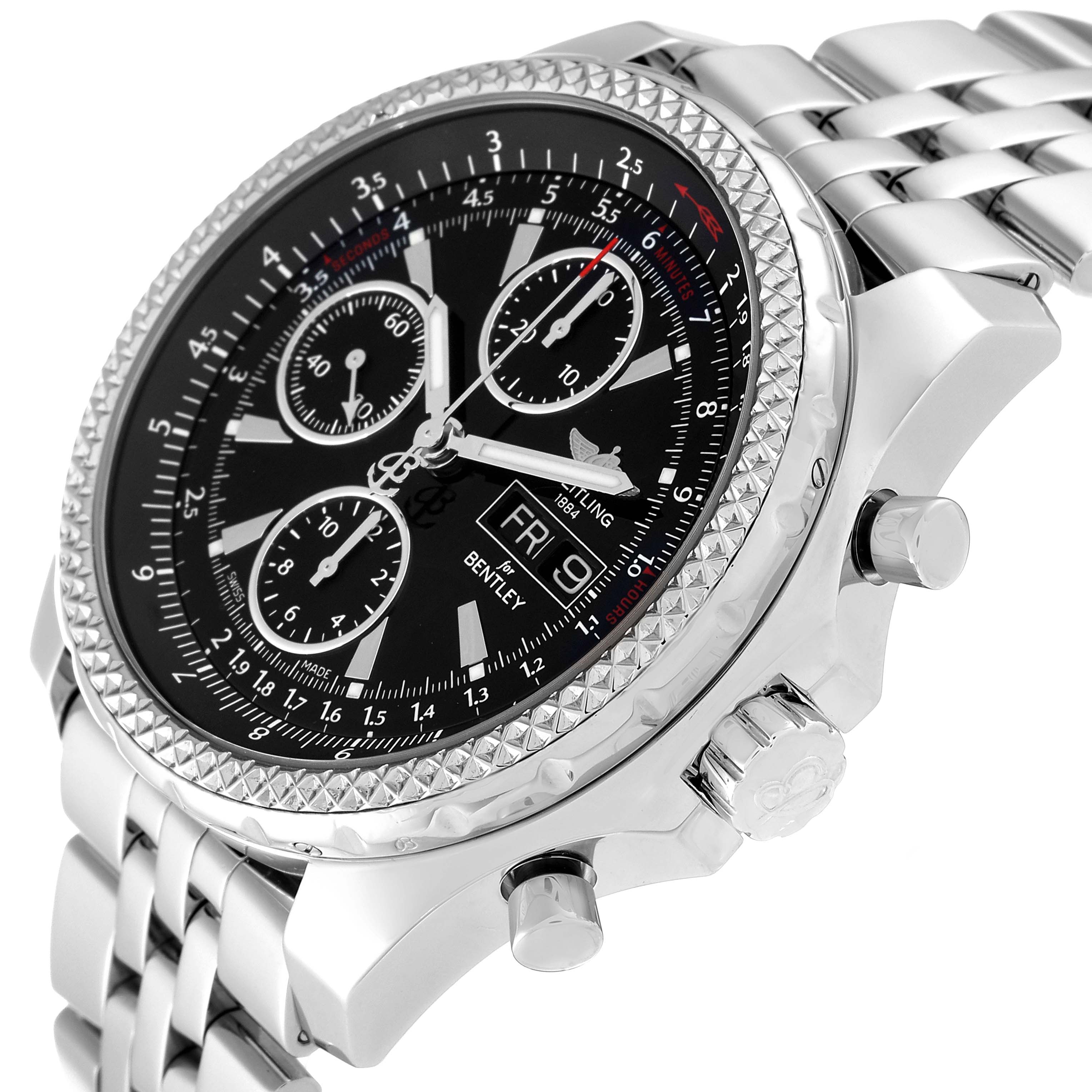 This image shows a Breitling Bentley A13362 Men's Stainless Steel Black Dial A13362 Men's Stainless Steel Black Dial watch at a slight side angle, highlighting the face, bezel, crown, and push-buttons.