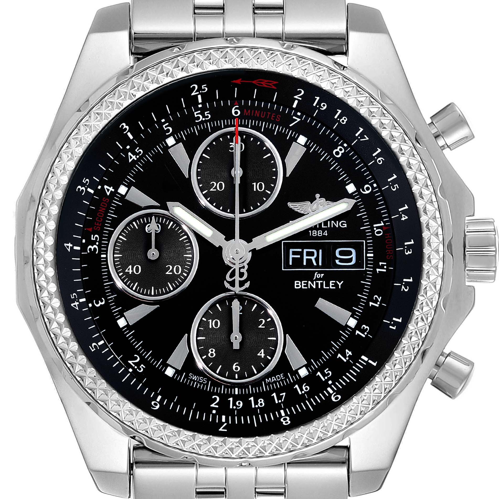 The Breitling Bentley A13362 Men's Stainless Steel Black Dial A13362 Men's Stainless Steel Black Dial watch is shown from the front, displaying its dial, sub-dials, and metal bracelet.