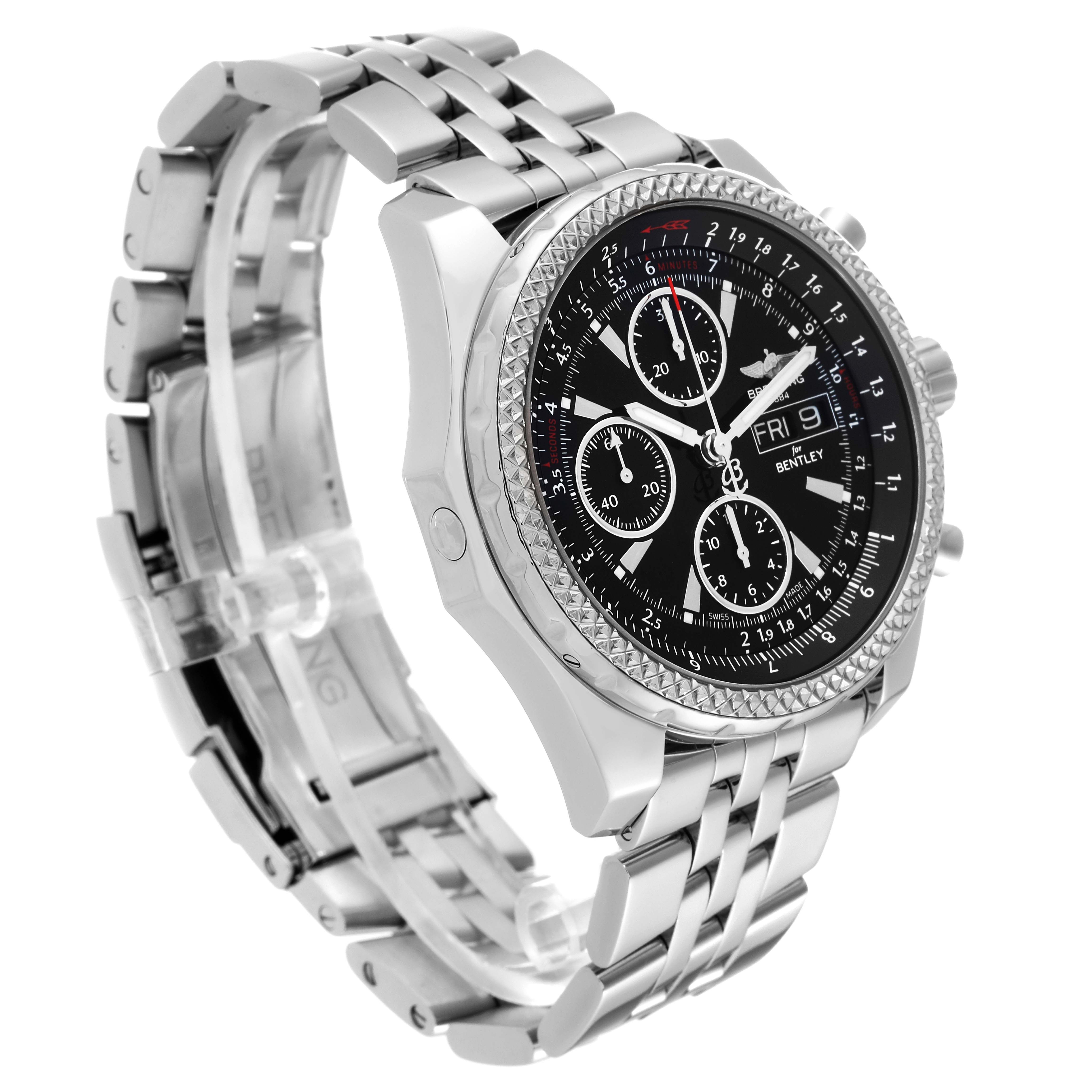 The Breitling Bentley A13362 Men's Stainless Steel Black Dial A13362 Men's Stainless Steel Black Dial watch is shown at a three-quarter angle, displaying the bracelet, bezel, and dial with its subdials and date function.