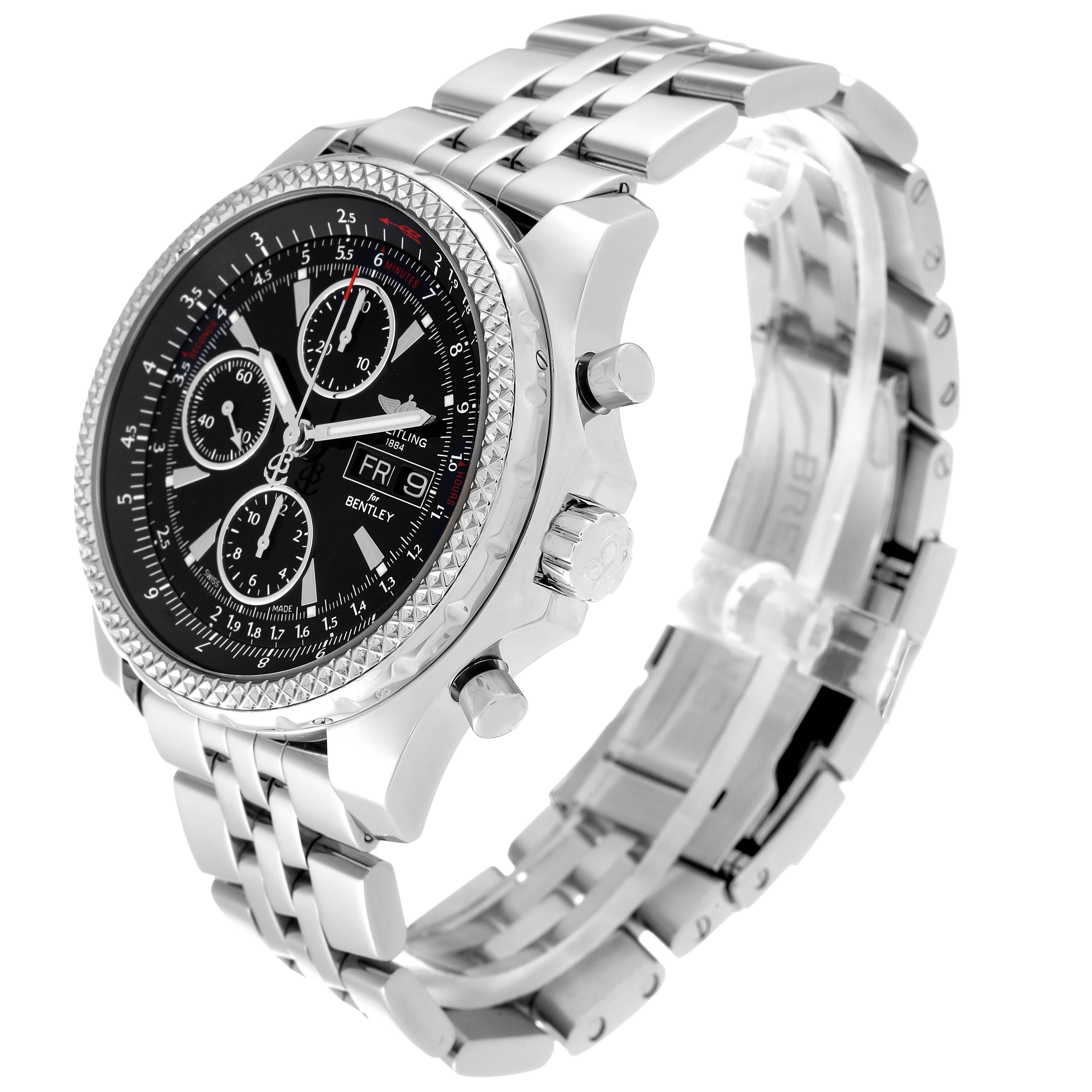 The image shows a Bentley model by Breitling from a three-quarter angle, highlighting the dial, bezel, crown, pushers, and metal bracelet.