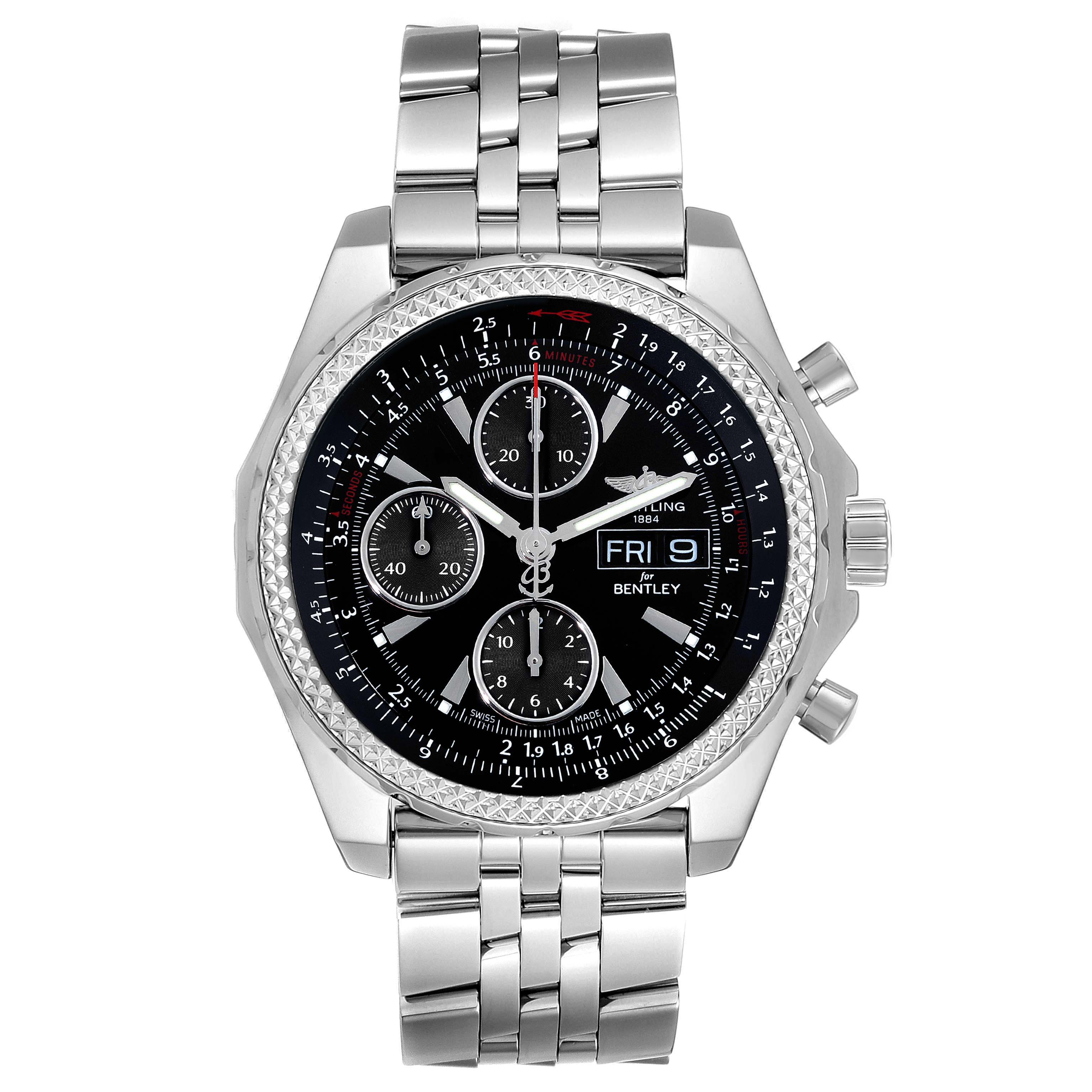 The image shows a front view of the Bentley model watch by Breitling, highlighting the dial, chronograph subdials, and metal bracelet.