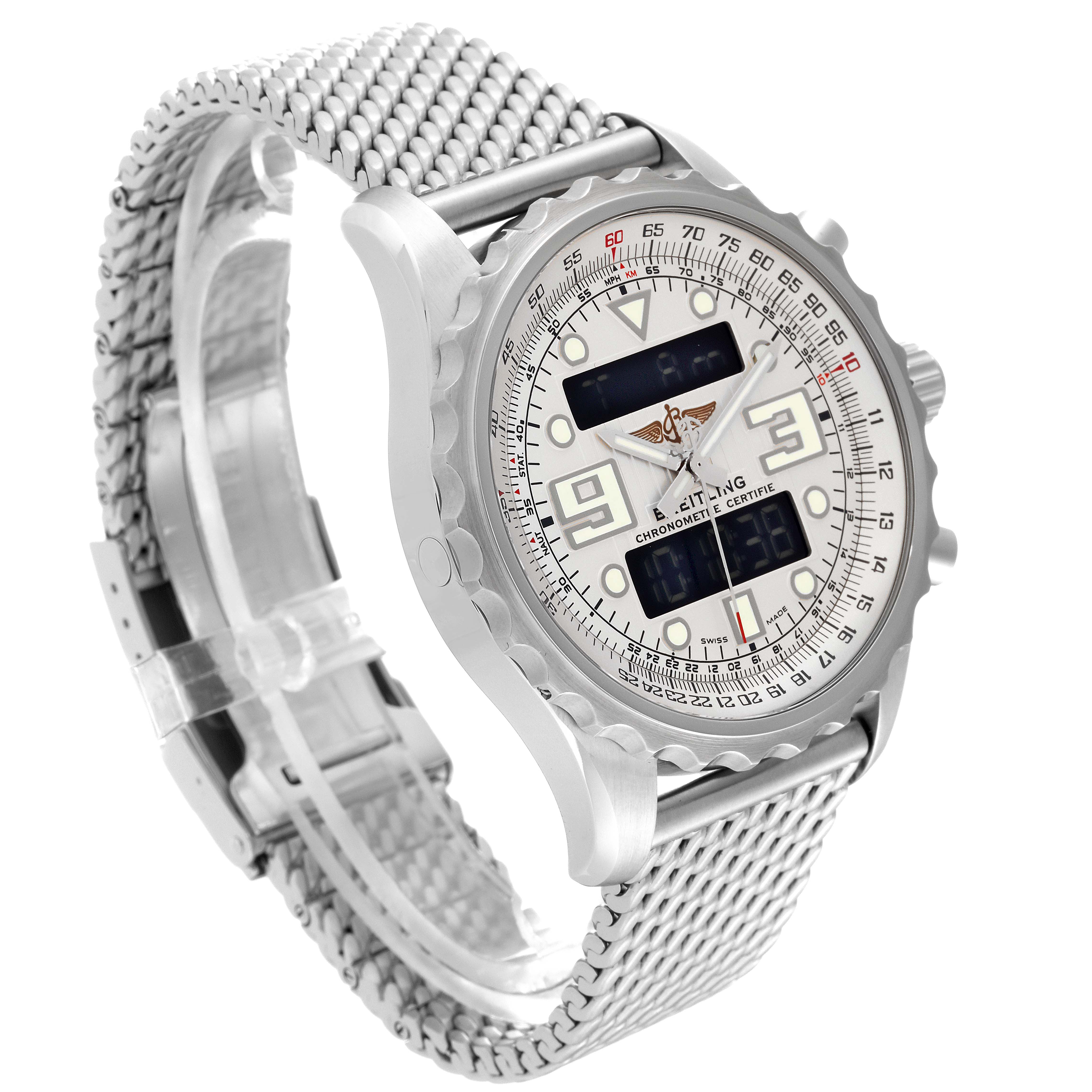 The Breitling Professional Series A78365 Men's Stainless Steel Silver Dial A78365 Men's Stainless Steel Silver Dial watch is shown at a three-quarter angle, highlighting the face, bezel, crown, and mesh bracelet.