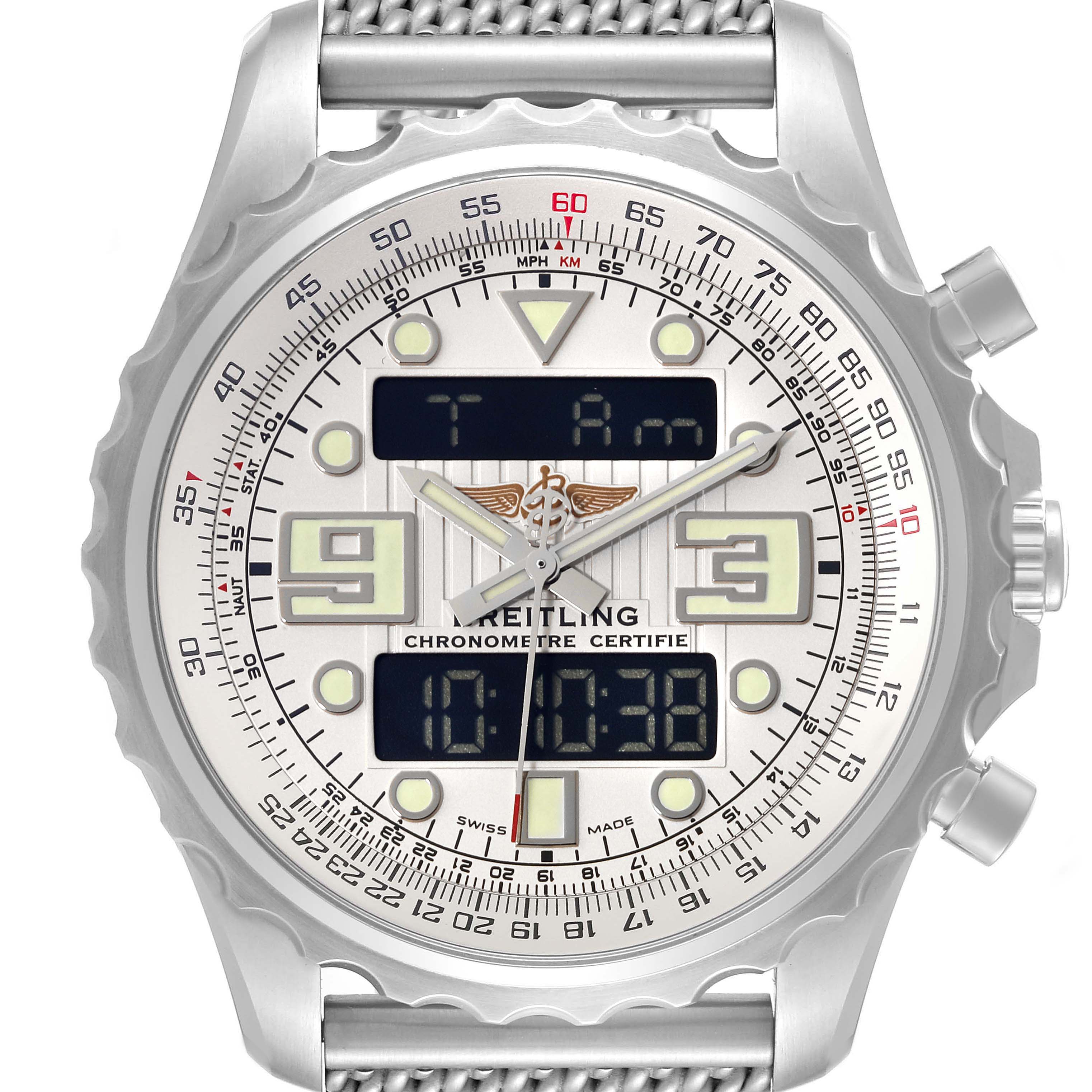 This image shows the front view of the dial and bezel of a Breitling Professional Series A78365 Men's Stainless Steel Silver Dial A78365 Men's Stainless Steel Silver Dial watch, displaying its digital and analog features.