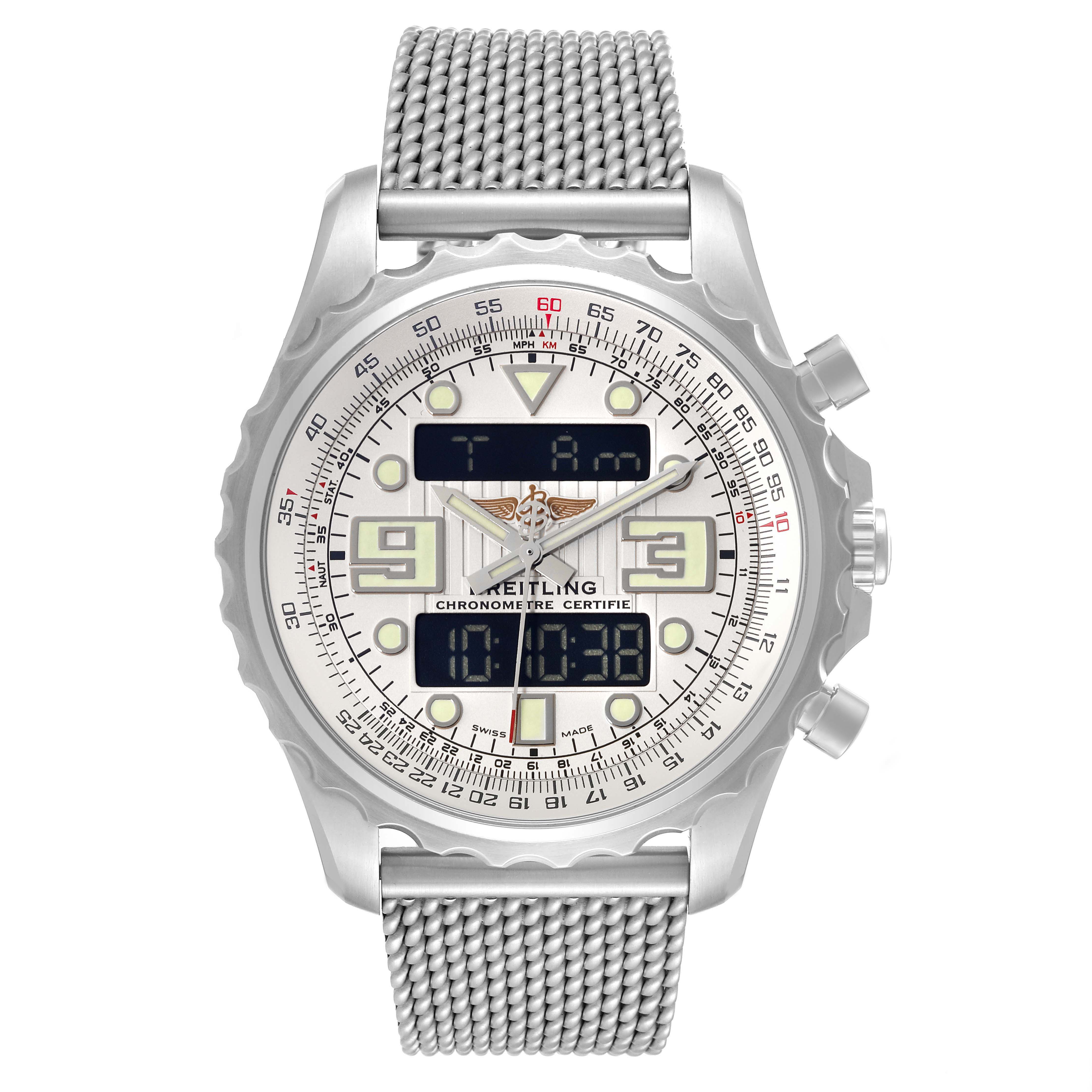 This Breitling Professional Series A78365 Men's Stainless Steel Silver Dial A78365 Men's Stainless Steel Silver Dial watch is shown from a front angle, displaying the face, digital screens, and metal mesh band.