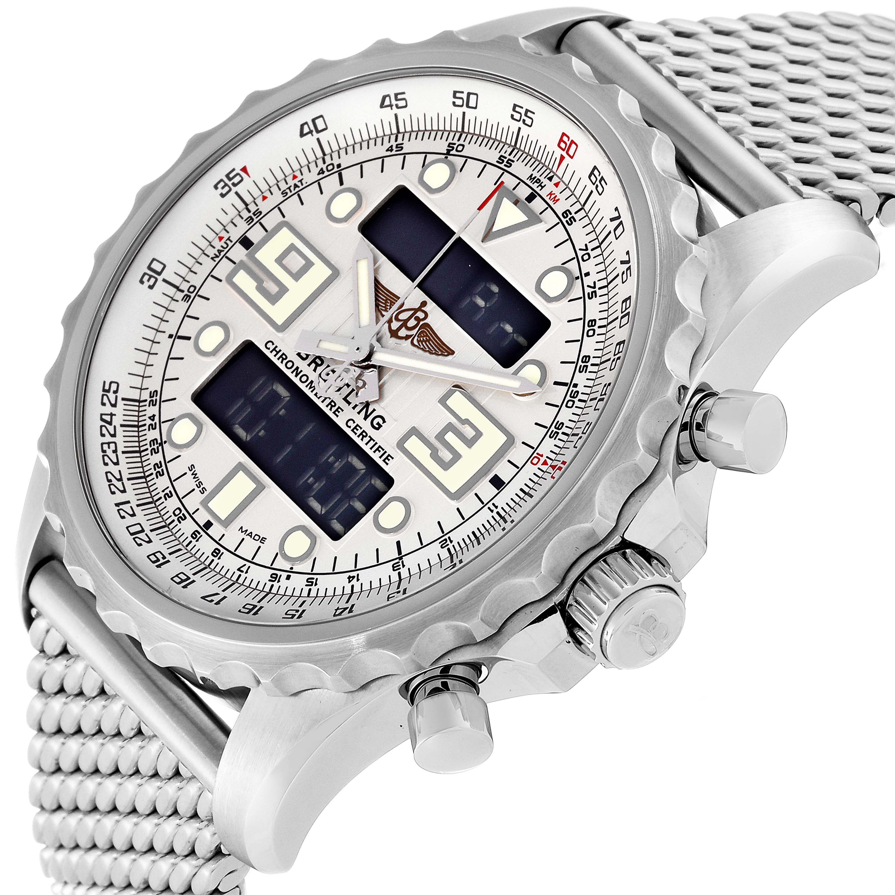 This image shows a close-up, angled view of the face and right-side pushers of the Breitling Professional Series A78365 Men's Stainless Steel Silver Dial A78365 Men's Stainless Steel Silver Dial watch.