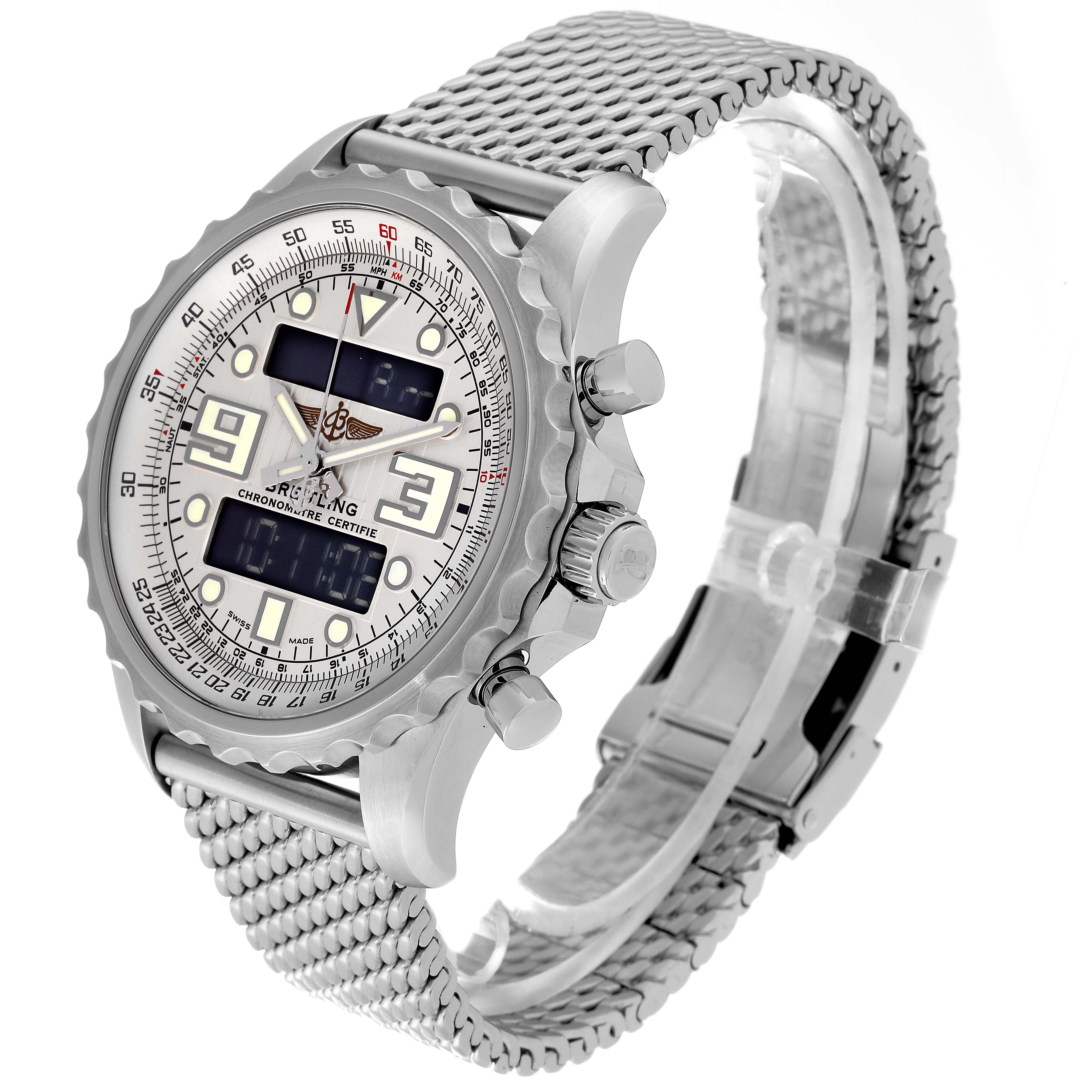 The Breitling Professional Series A78365 Men's Stainless Steel Silver Dial A78365 Men's Stainless Steel Silver Dial watch is shown at a three-quarter angle, displaying the watch face, side buttons, and mesh bracelet.