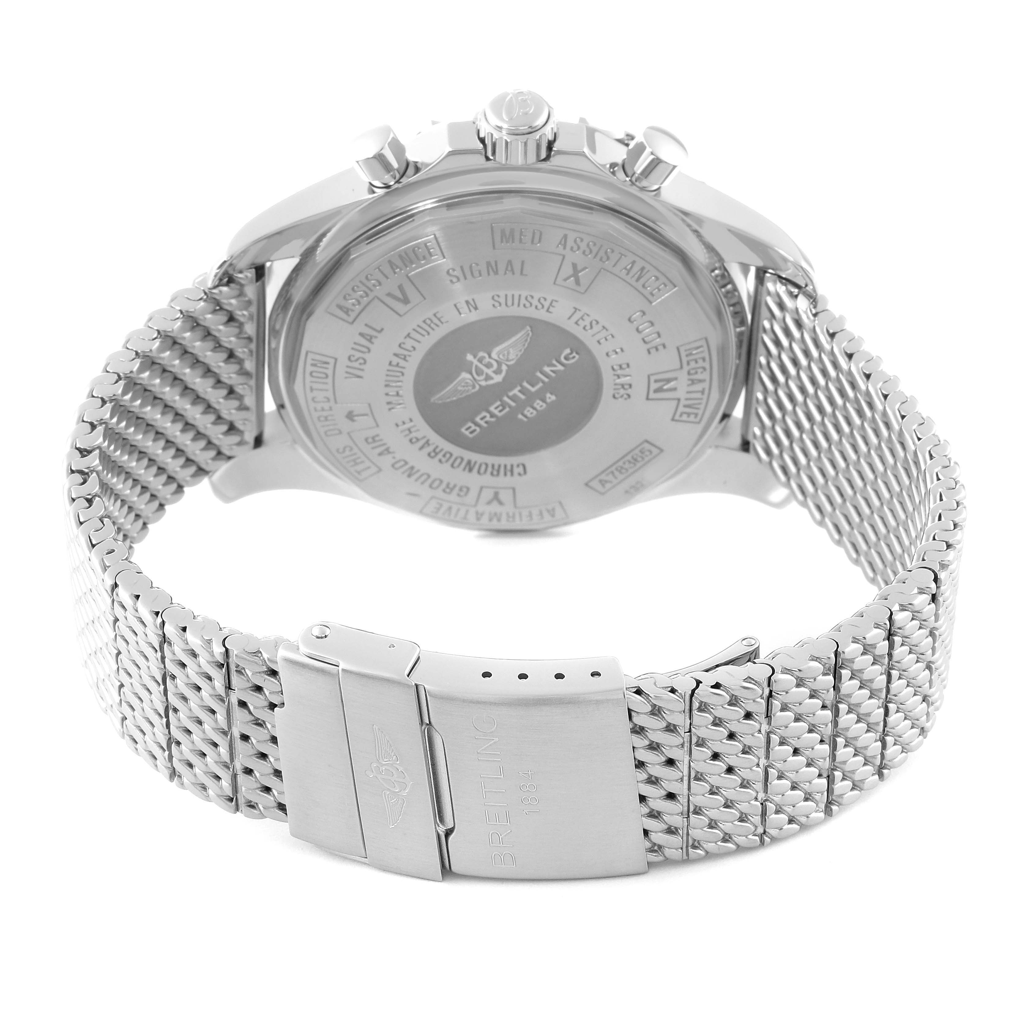 The image shows the back case and metal mesh bracelet of a Breitling Professional Series A78365 Men's Stainless Steel Silver Dial A78365 Men's Stainless Steel Silver Dial watch.