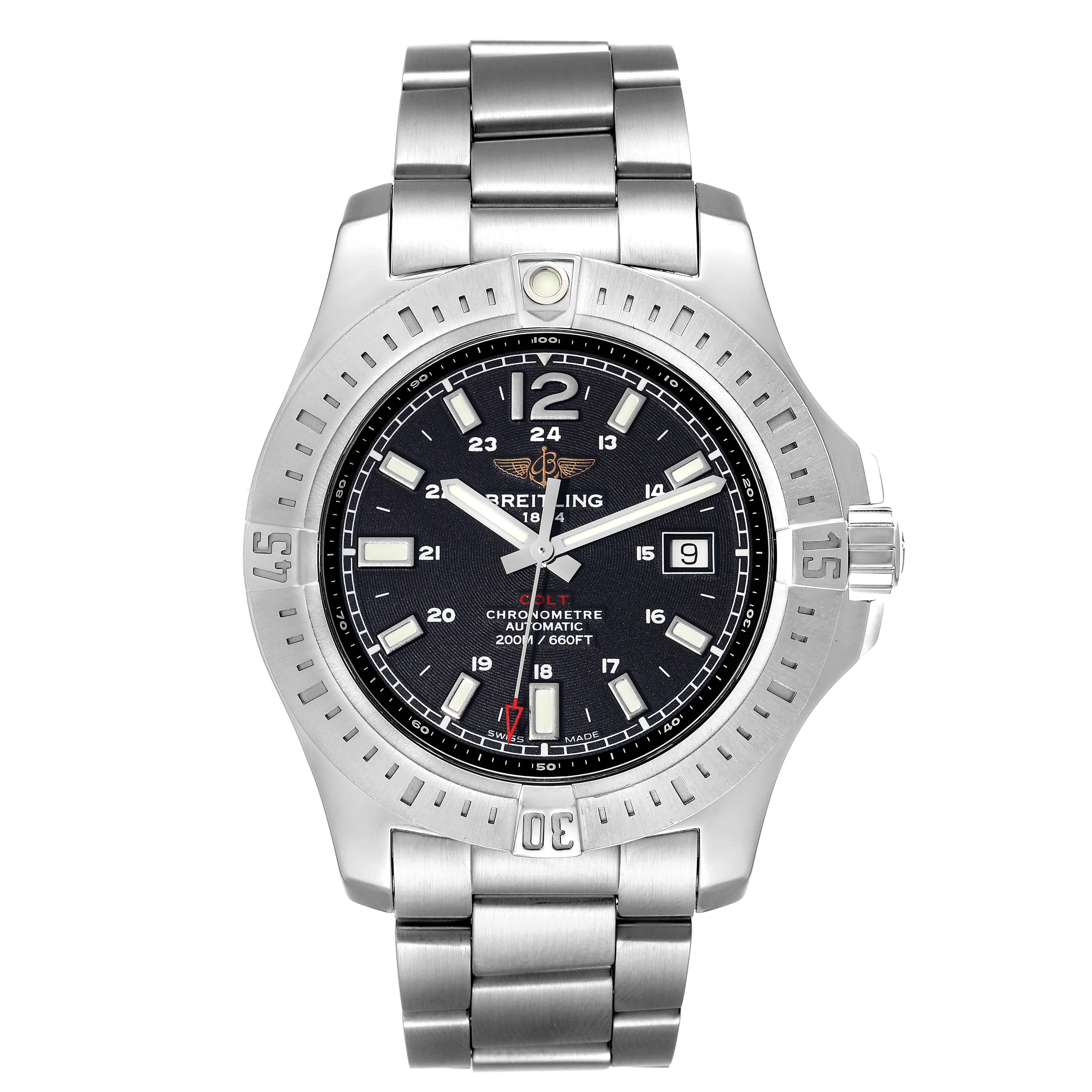The image shows a front view of the Breitling Colt A1738811/BD44 Men's Stainless Steel Black Dial A1738811/BD44 Men's Stainless Steel Black Dial watch, displaying its dial, bezel, and bracelet.