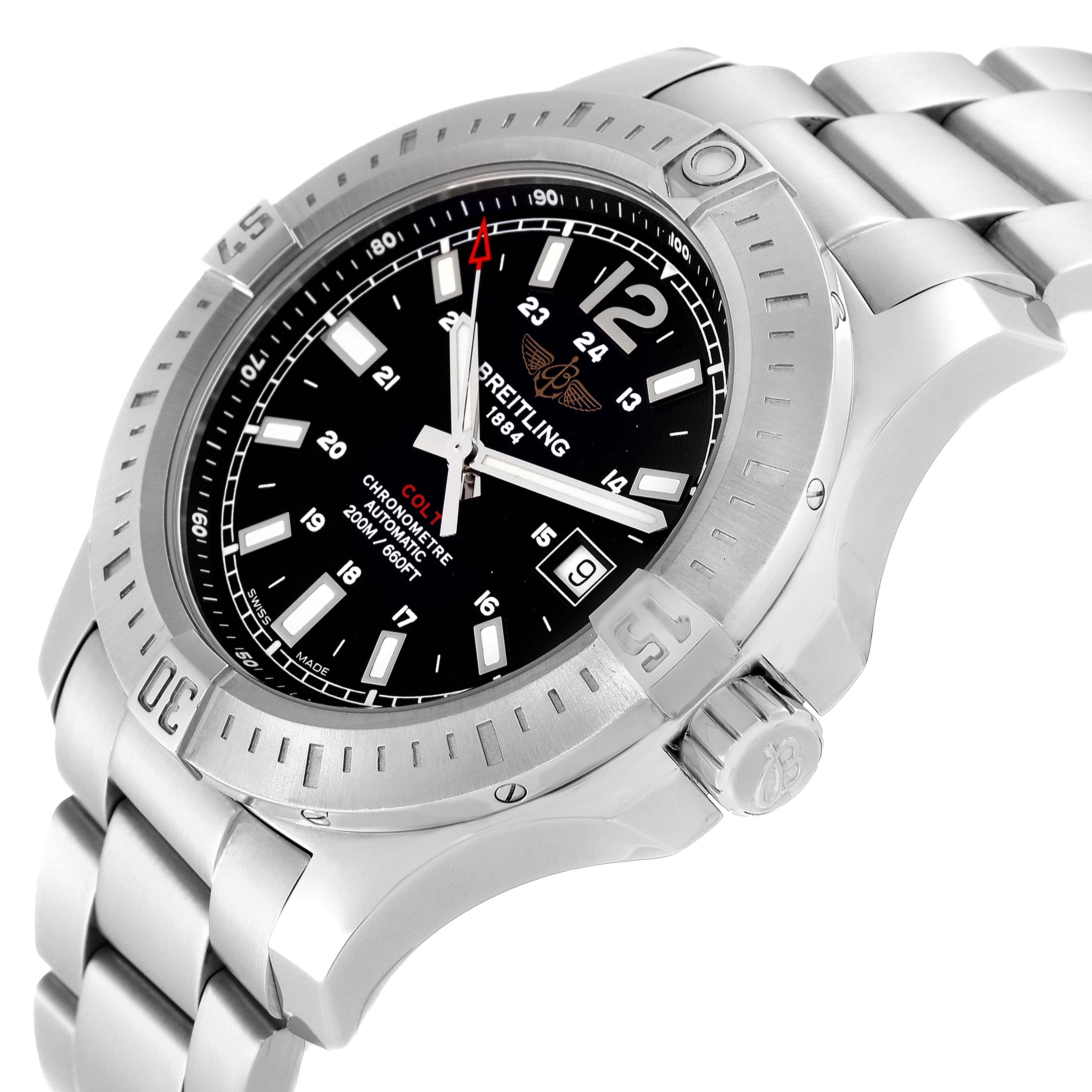 The Breitling Colt A1738811/BD44 Men's Stainless Steel Black Dial A1738811/BD44 Men's Stainless Steel Black Dial watch is shown from a side angle, highlighting the case, bezel, crown, dial, and part of the bracelet.