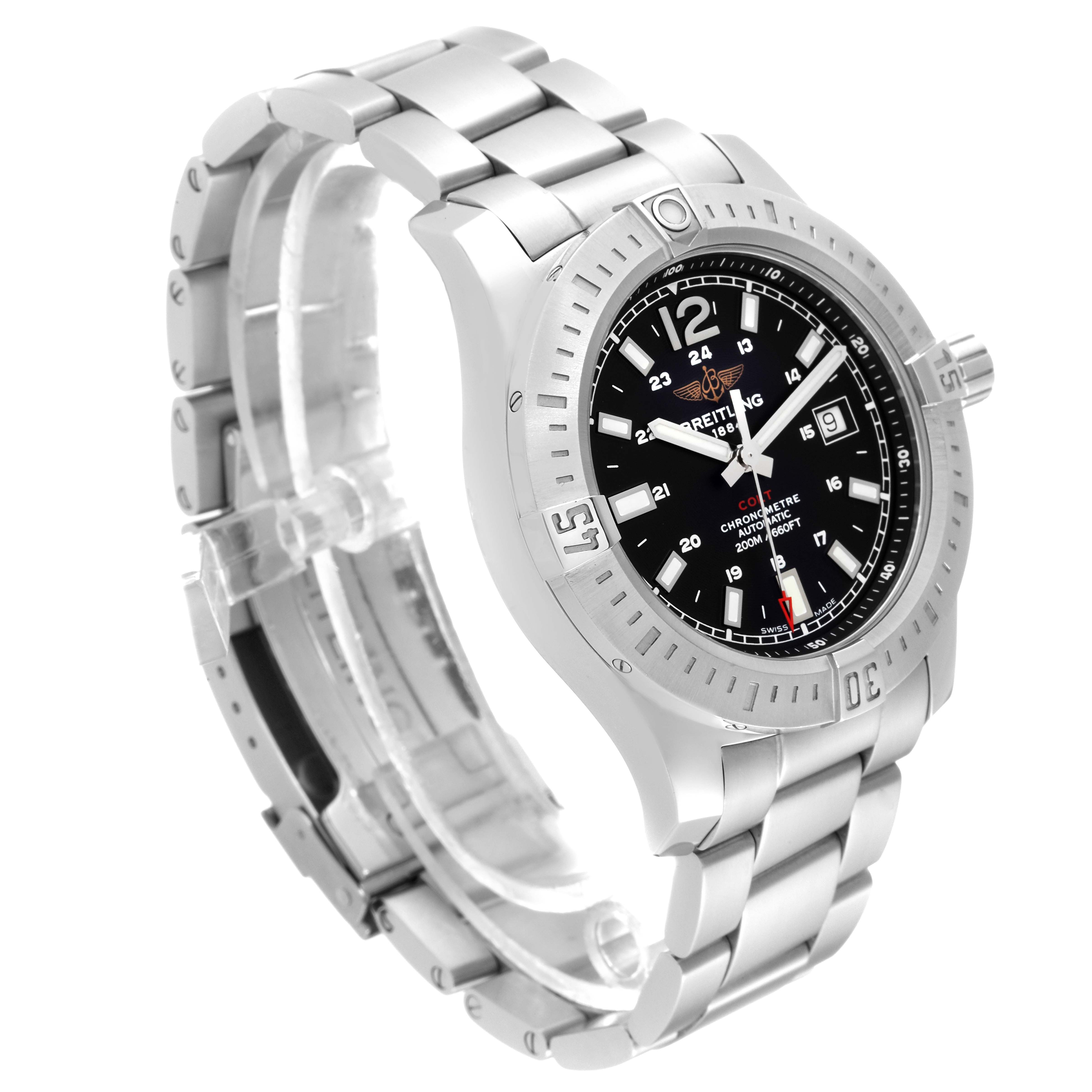 The Breitling Colt A1738811/BD44 Men's Stainless Steel Black Dial A1738811/BD44 Men's Stainless Steel Black Dial model watch is shown at a 3/4 angle highlighting its bezel, bracelet, and black face.