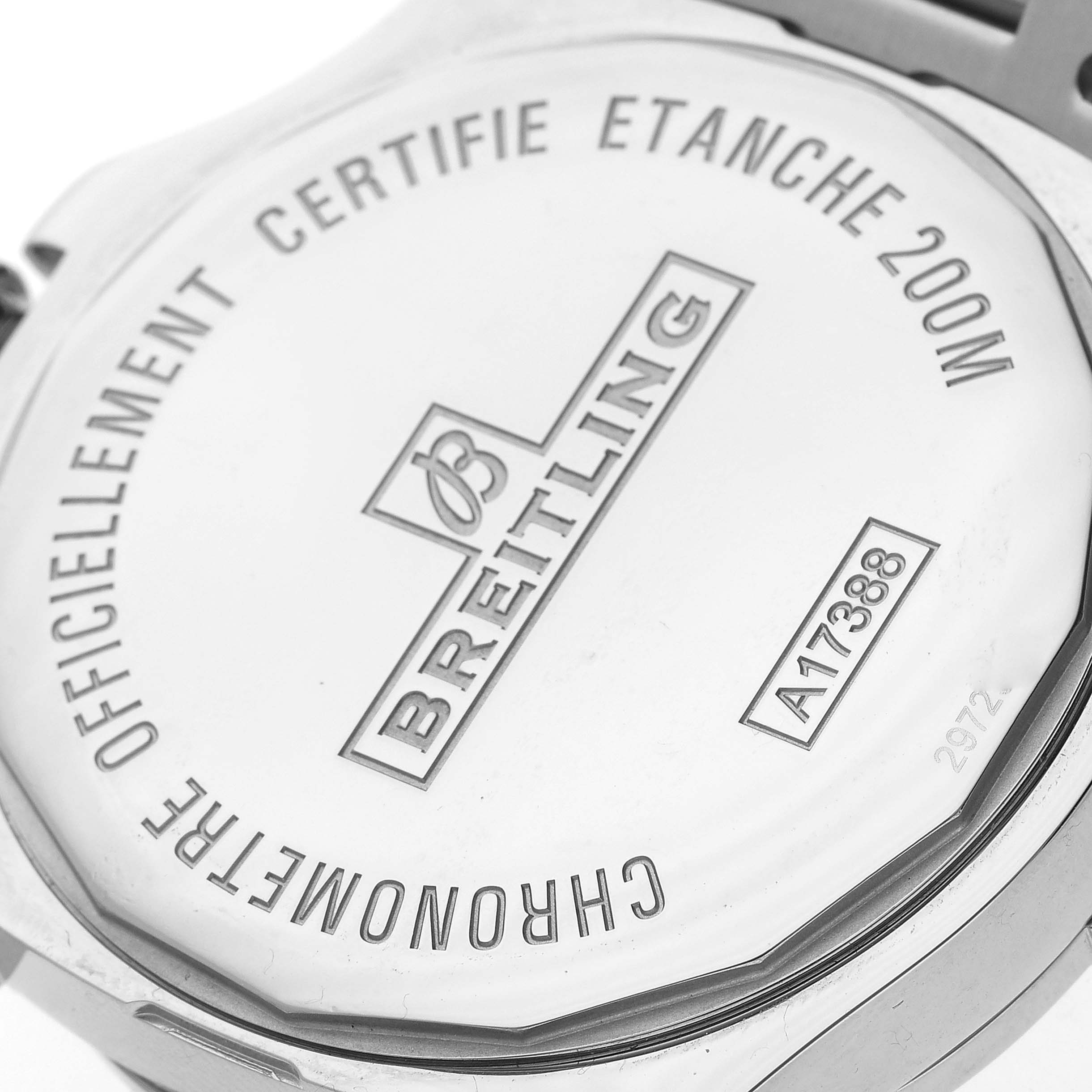 This image shows the back case of a Breitling Colt A1738811/BD44 Men's Stainless Steel Black Dial A1738811/BD44 Men's Stainless Steel Black Dial watch, including engravings and water resistance information.