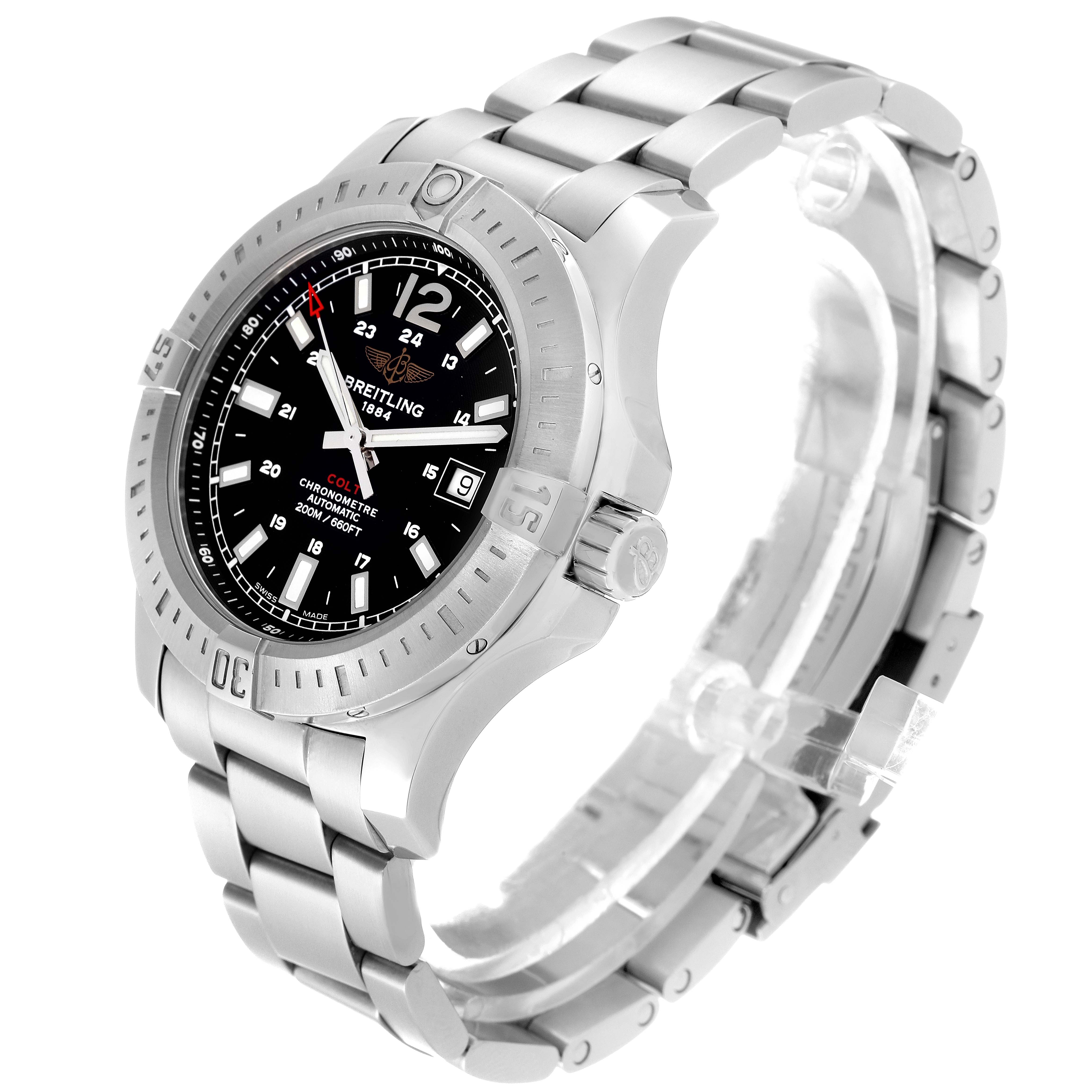 The image shows a Breitling Colt A1738811/BD44 Men's Stainless Steel Black Dial A1738811/BD44 Men's Stainless Steel Black Dial model watch, angled to display the face, bezel, crown, and metal bracelet.