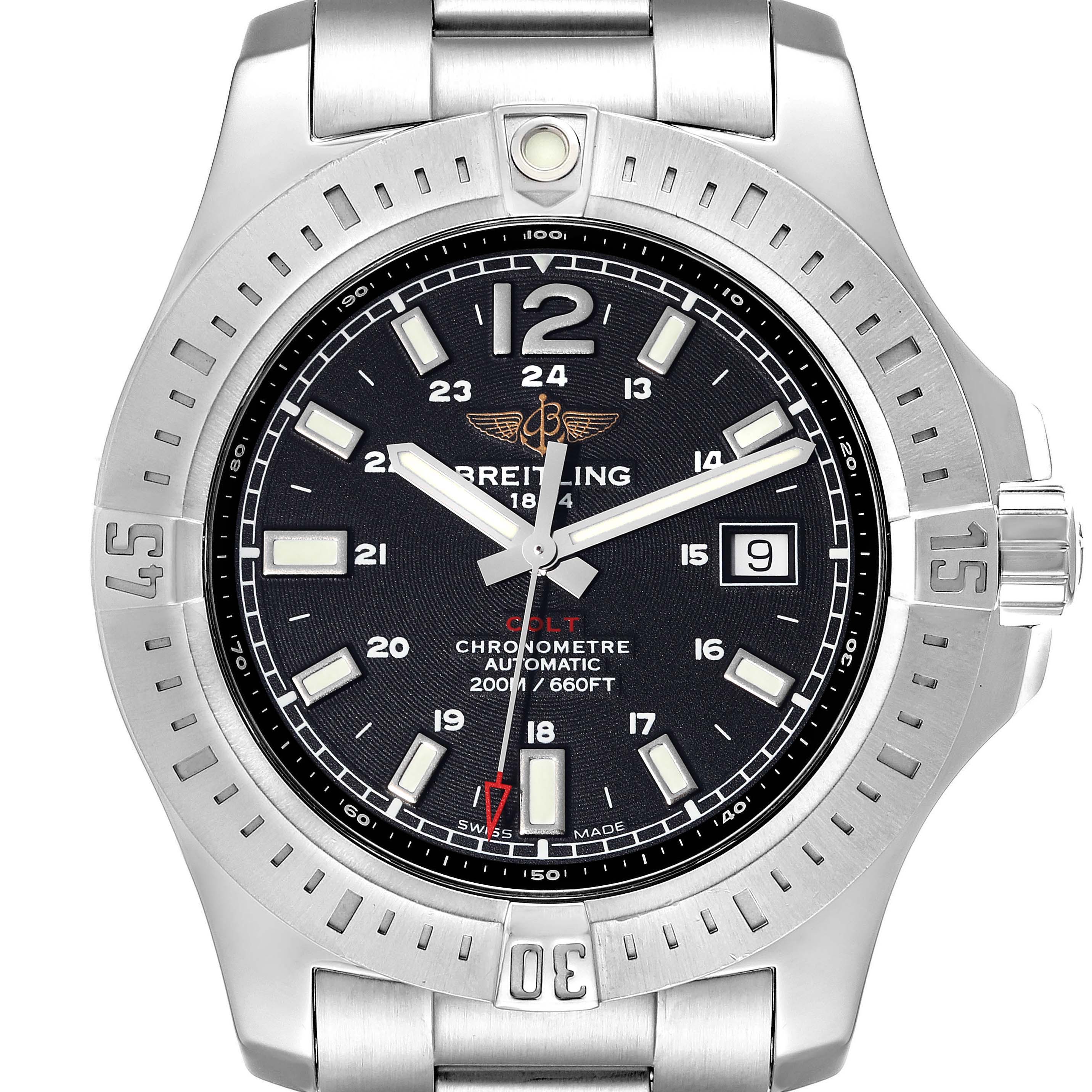 This image shows the front view of a Breitling Colt A1738811/BD44 Men's Stainless Steel Black Dial A1738811/BD44 Men's Stainless Steel Black Dial watch, highlighting its dial, bezel, and part of the bracelet.
