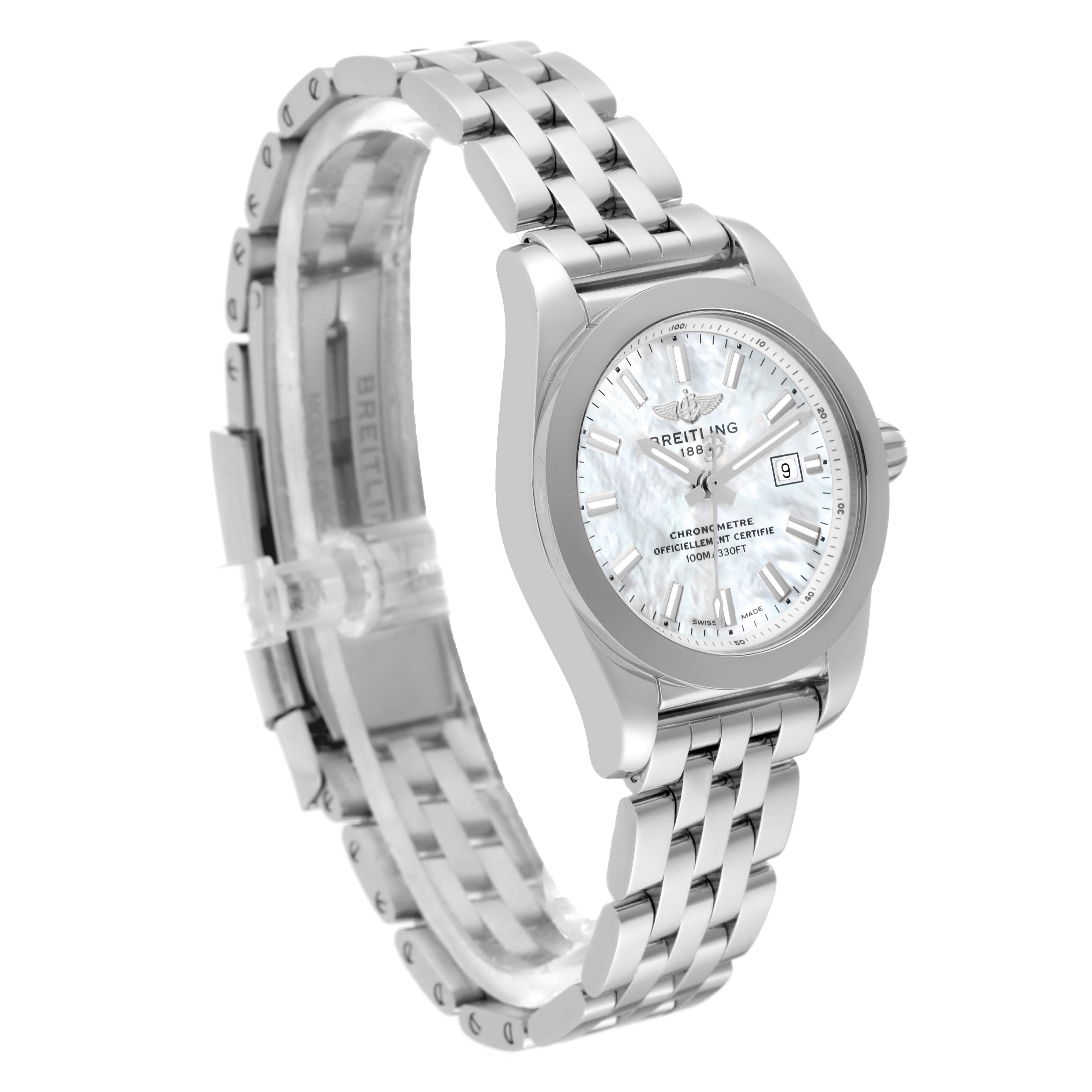 The Breitling W7234812/A784 Women
s Stainless Steel Mother of Pearl Dial W7234812/A784 Women
s Stainless Steel Mother of Pearl Dial Galactic 29 Mother of Pearl Dial Steel Ladies Watch W72348 is shown at a three-quarter angle, displaying its dial, bezel, and bracelet.