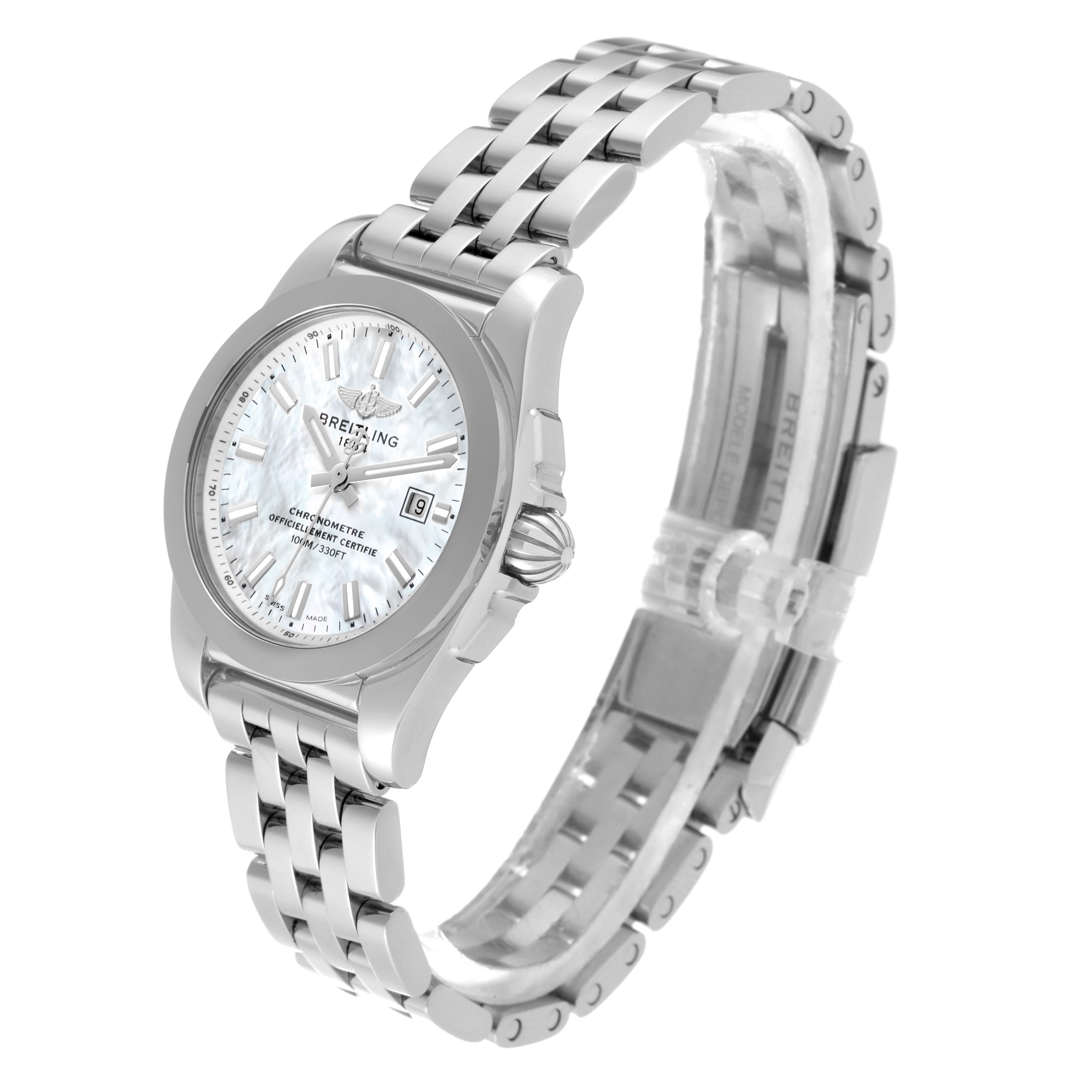 The Breitling W7234812/A784 Women
s Stainless Steel Mother of Pearl Dial W7234812/A784 Women
s Stainless Steel Mother of Pearl Dial Galactic 29 Mother of Pearl Dial Steel Ladies Watch W72348 is shown at a three-quarter angle, highlighting the dial, bracelet, and clasp.