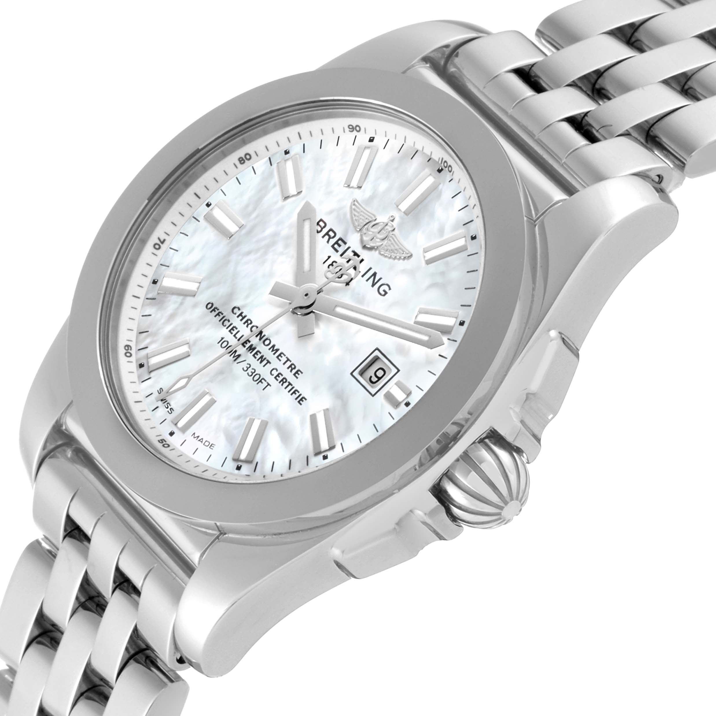 The image shows a close-up angled view of the Breitling W7234812/A784 Women
s Stainless Steel Mother of Pearl Dial W7234812/A784 Women
s Stainless Steel Mother of Pearl Dial Galactic 29 Mother of Pearl Dial Steel Ladies Watch W72348, highlighting its dial and bracelet.