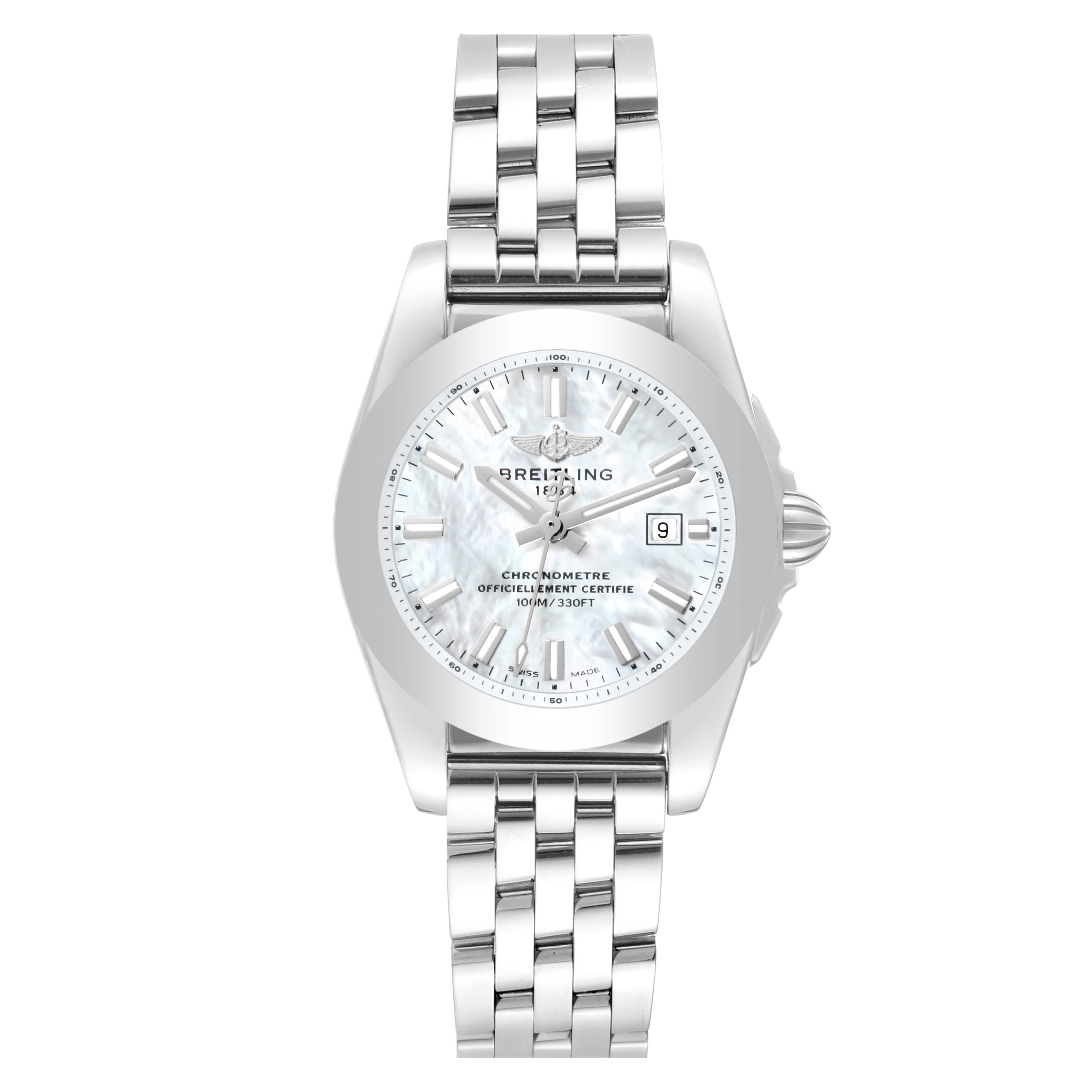 This image shows the Breitling W7234812/A784 Women
s Stainless Steel Mother of Pearl Dial W7234812/A784 Women
s Stainless Steel Mother of Pearl Dial Galactic 29 Mother of Pearl Dial Steel Ladies Watch W72348 from a frontal angle.