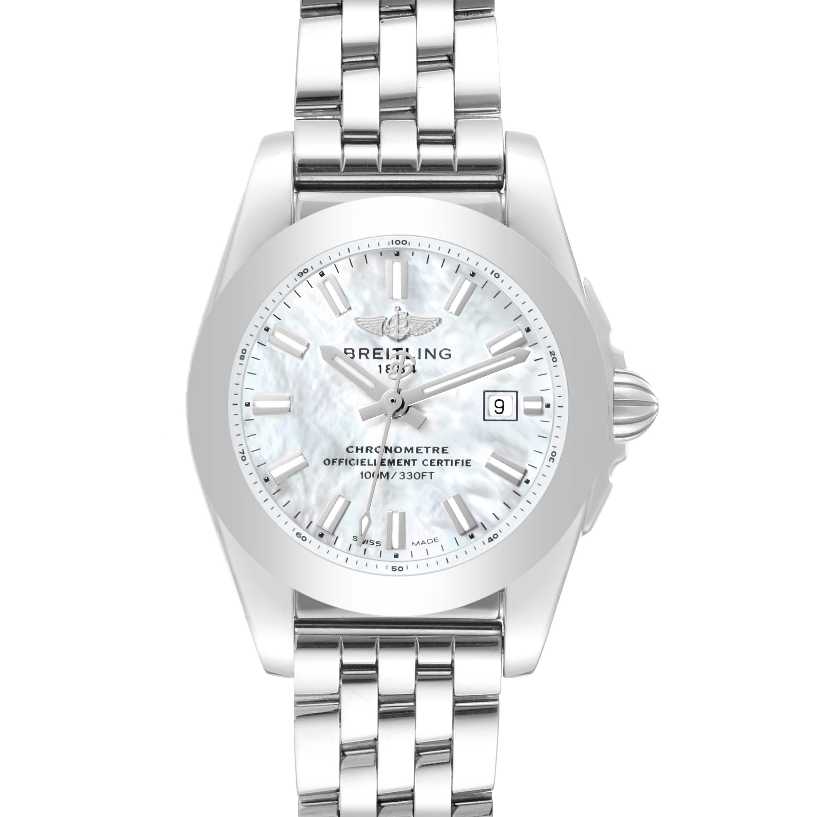 The Breitling W7234812/A784 Women
s Stainless Steel Mother of Pearl Dial W7234812/A784 Women
s Stainless Steel Mother of Pearl Dial Galactic 29 Mother of Pearl Dial Steel Ladies Watch W72348 is shown from a front angle, displaying the dial, hands, bracelet, and crown.