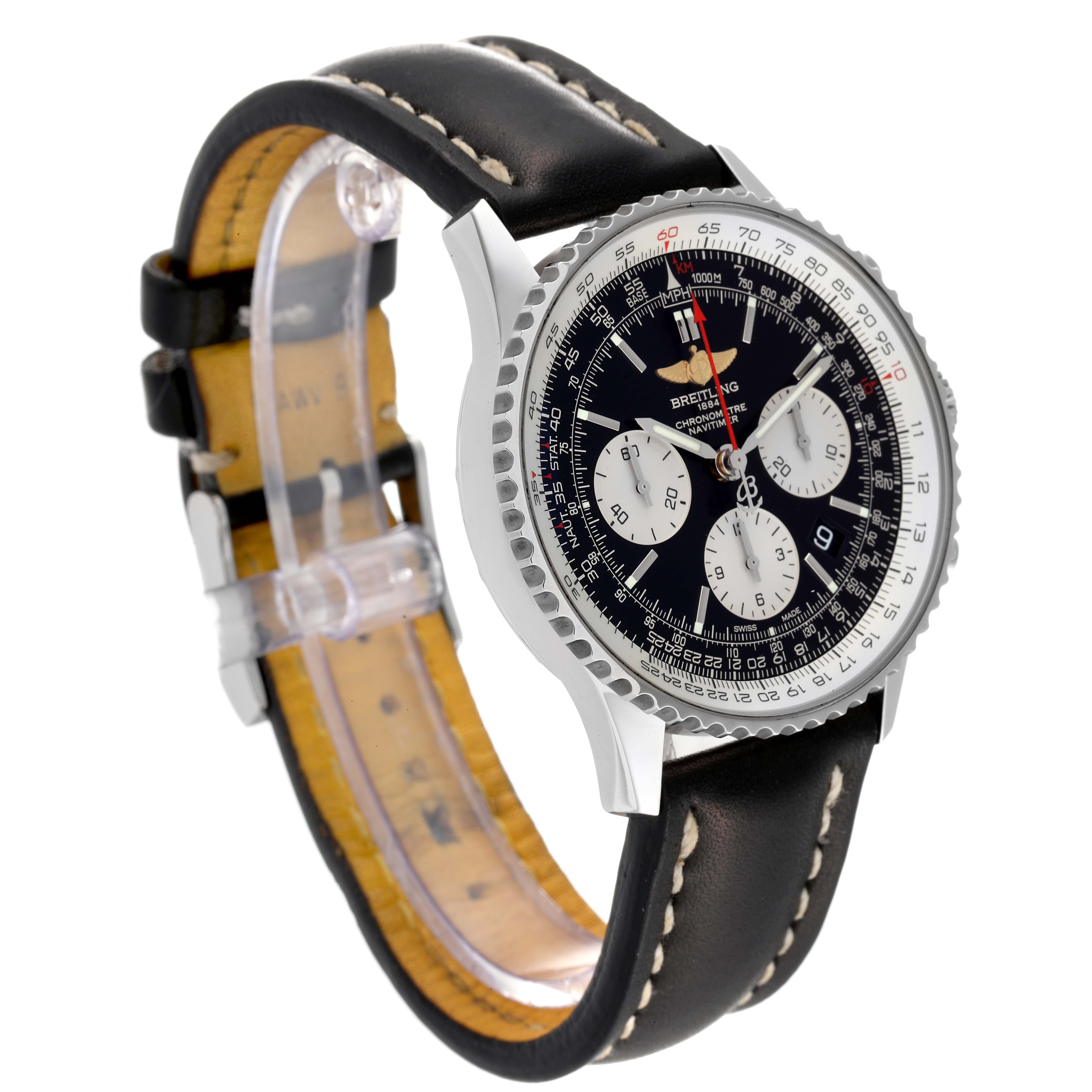 The image shows a Breitling Navitimer AB0121 Men's Stainless Steel Black Dial AB0121 Men's Stainless Steel Black Dial watch at a three-quarter angle, highlighting its black leather strap and detailed dial.